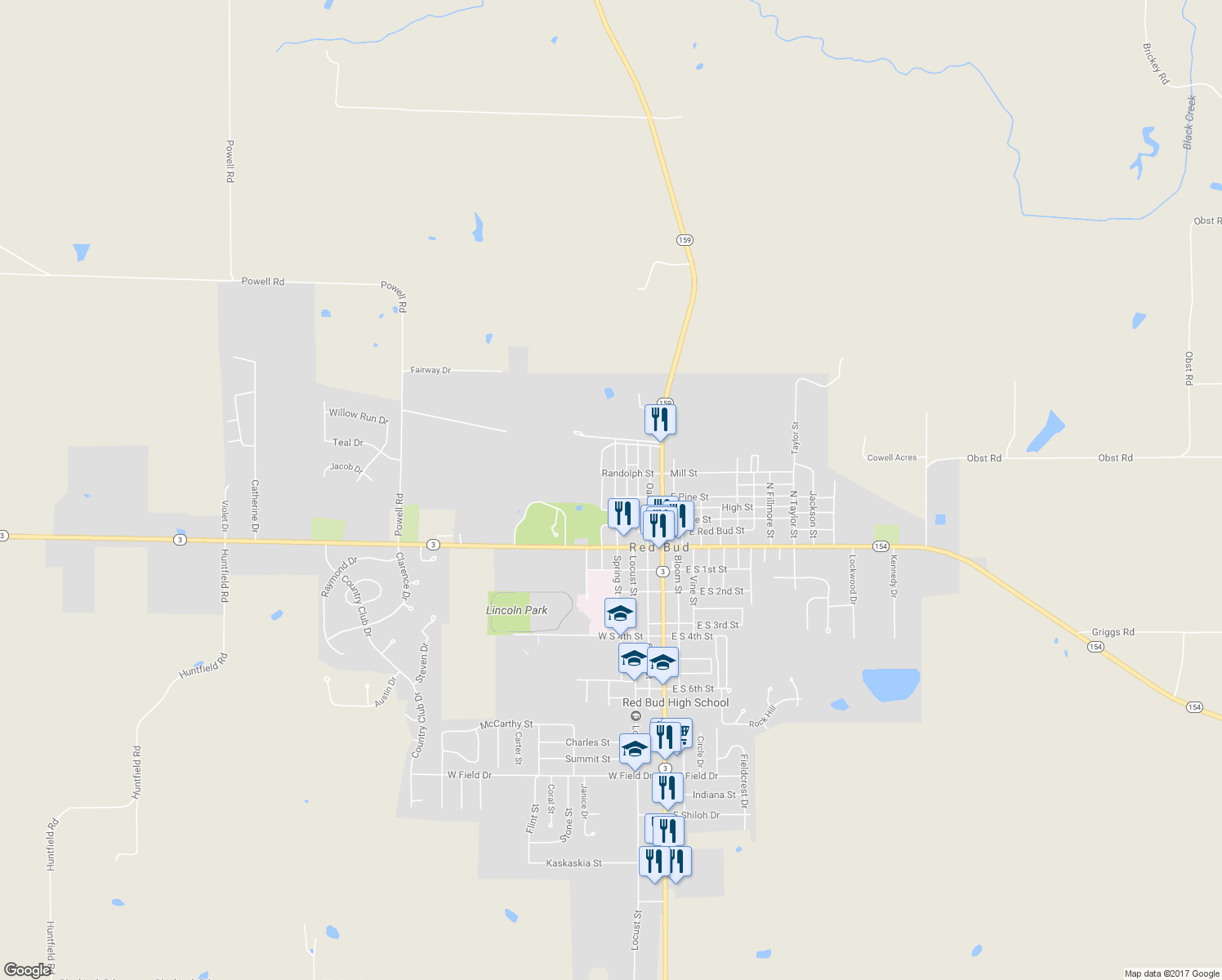 map of restaurants, bars, coffee shops, grocery stores, and more near 307 Madison Street in Red Bud