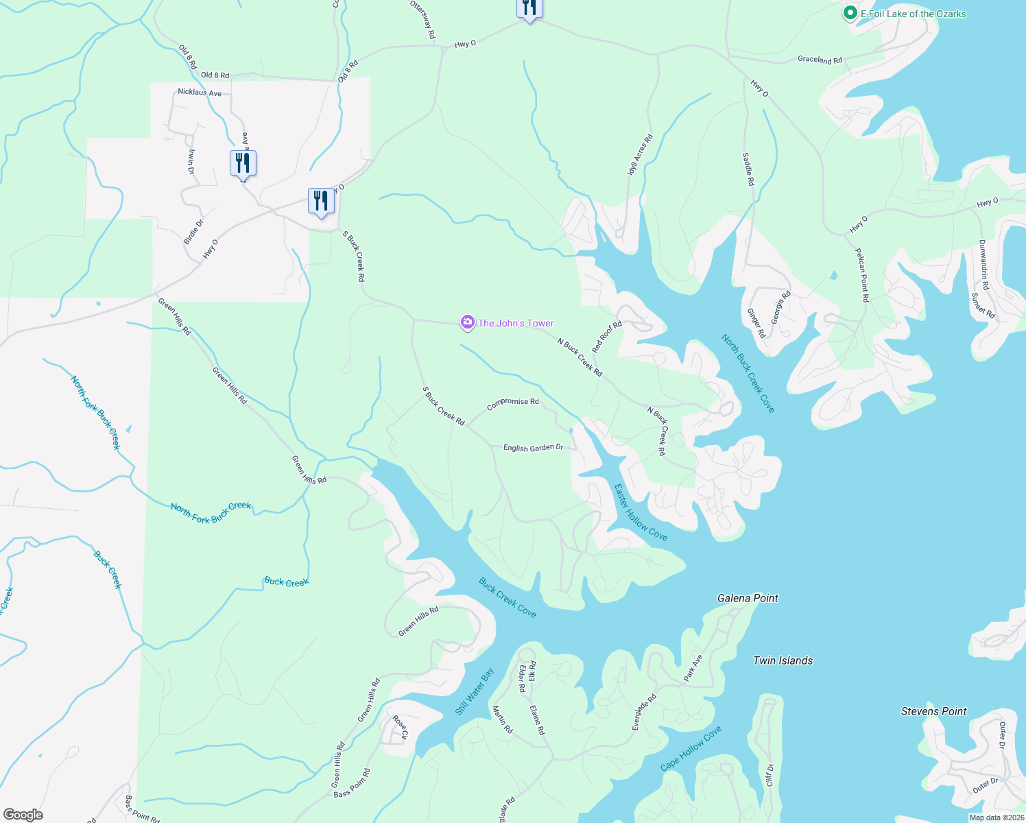 map of restaurants, bars, coffee shops, grocery stores, and more near 32506 Compromise Road in Gravois Mills