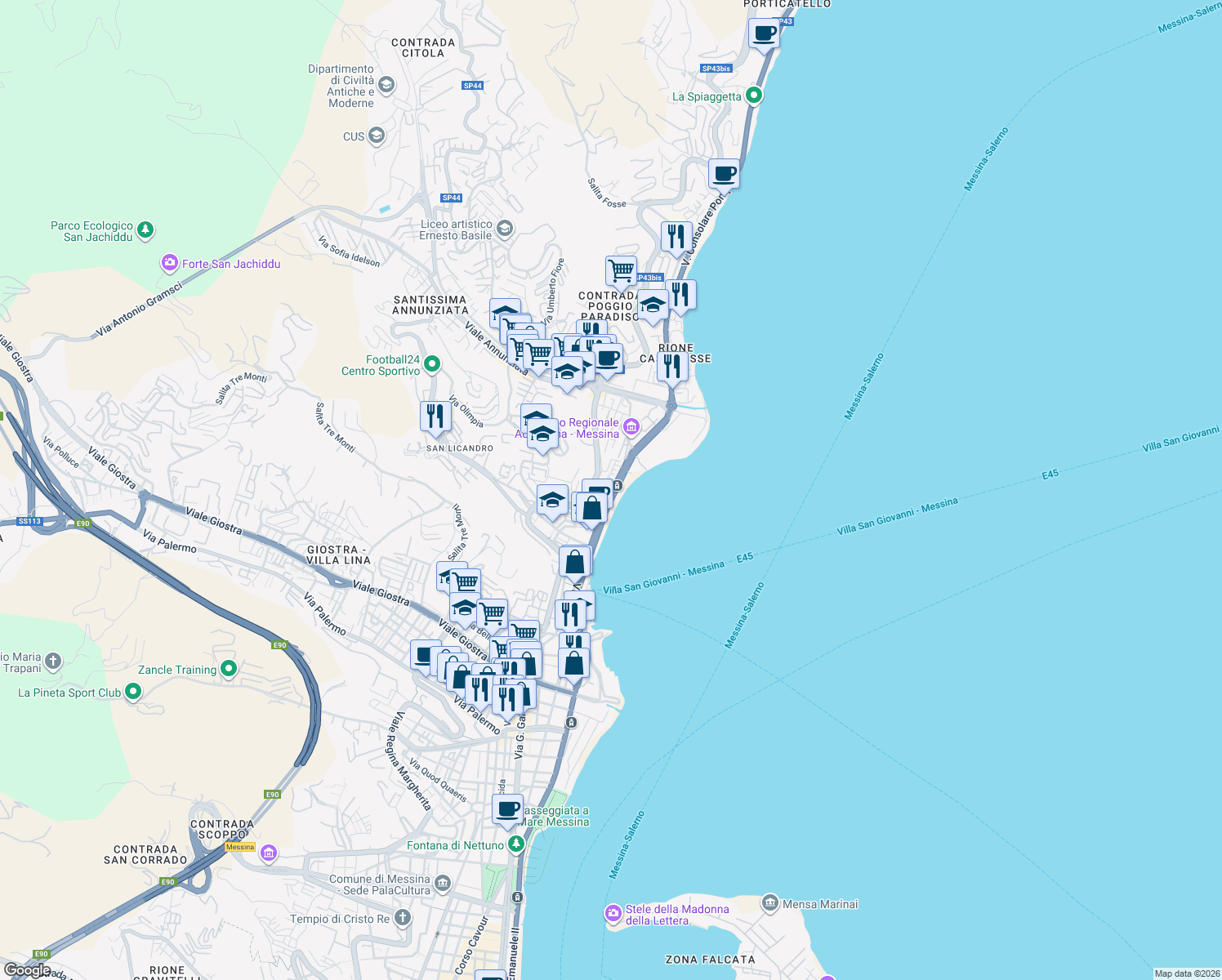 map of restaurants, bars, coffee shops, grocery stores, and more near 343 Viale della Libertà in Messina