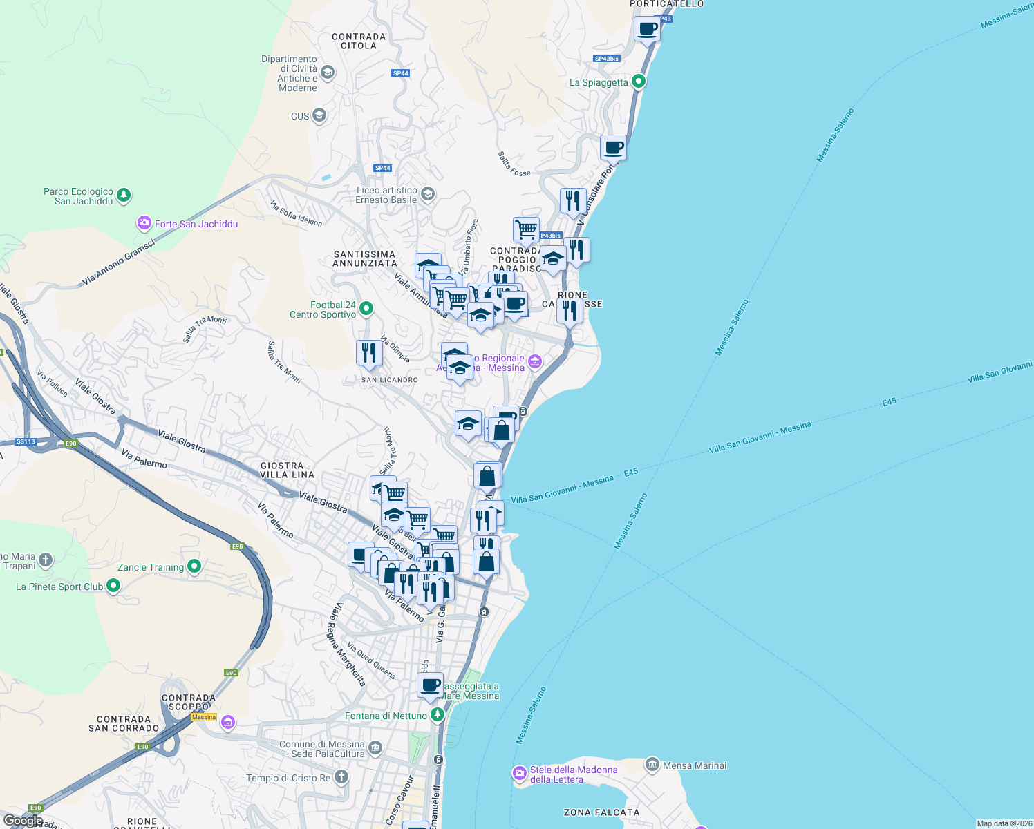 map of restaurants, bars, coffee shops, grocery stores, and more near 343 Viale della Libertà in Messina