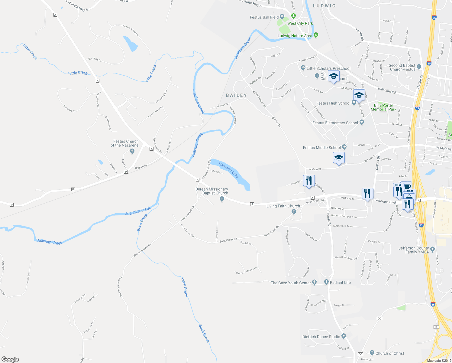 map of restaurants, bars, coffee shops, grocery stores, and more near 11240 Harrison Lake Road in Festus