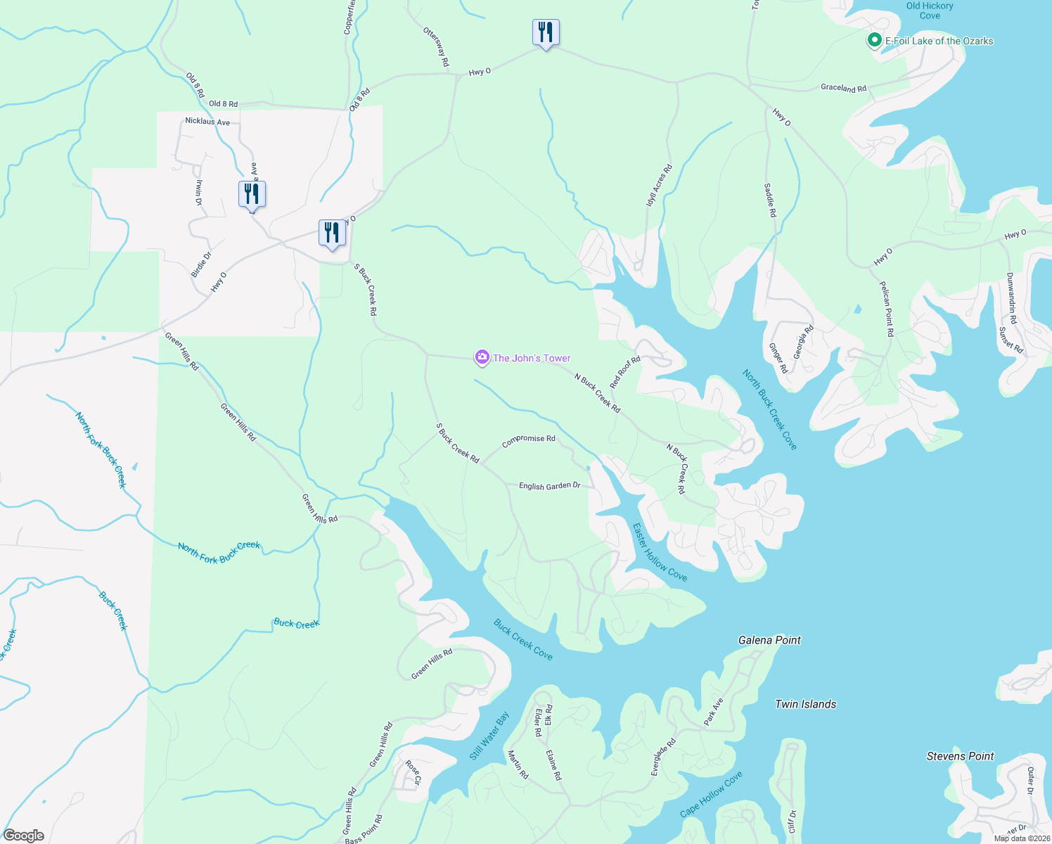 map of restaurants, bars, coffee shops, grocery stores, and more near 32506 Compromise Road in Gravois Mills