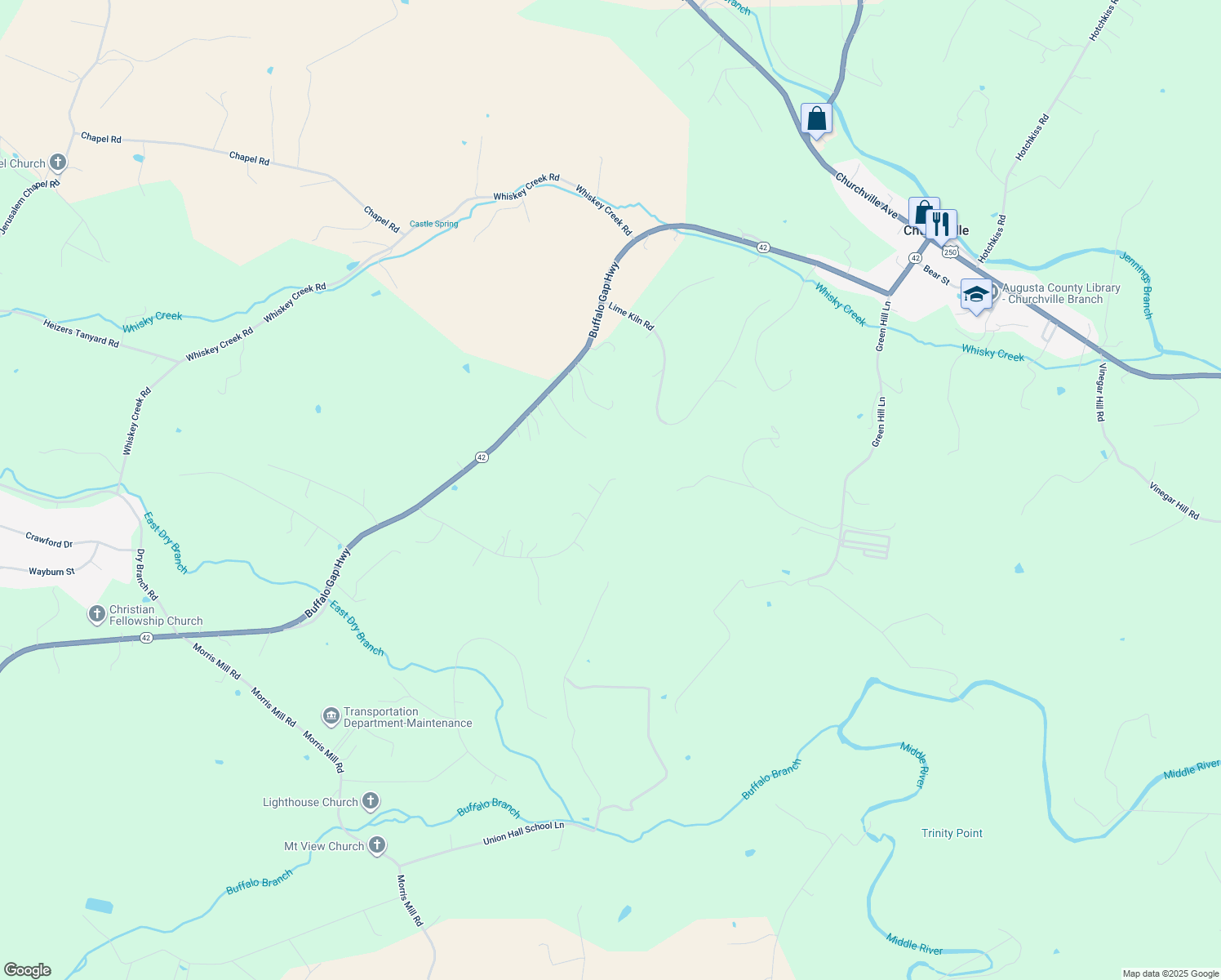 map of restaurants, bars, coffee shops, grocery stores, and more near 279 Taliaferro Drive in Churchville