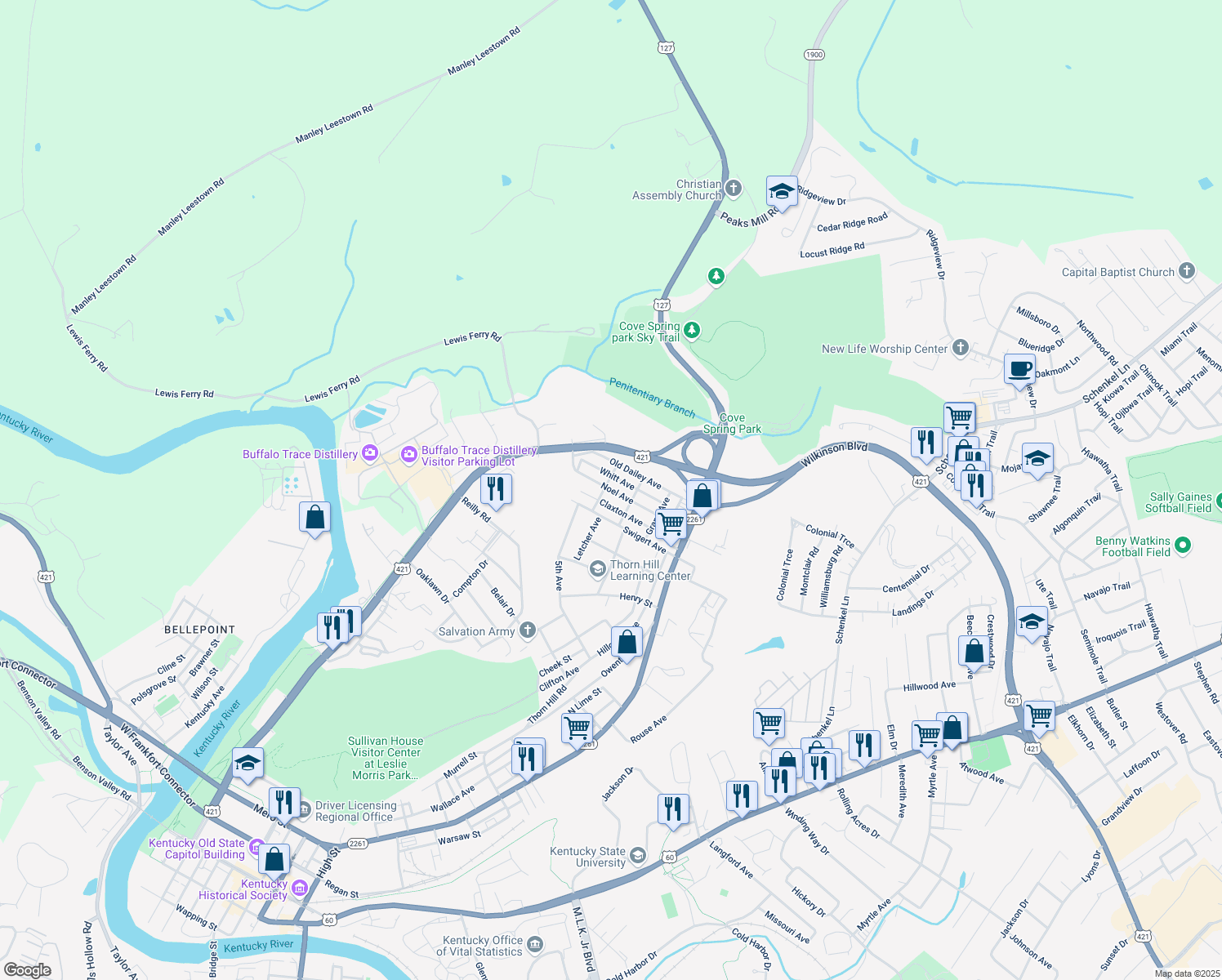 map of restaurants, bars, coffee shops, grocery stores, and more near 313 Noel Avenue in Frankfort