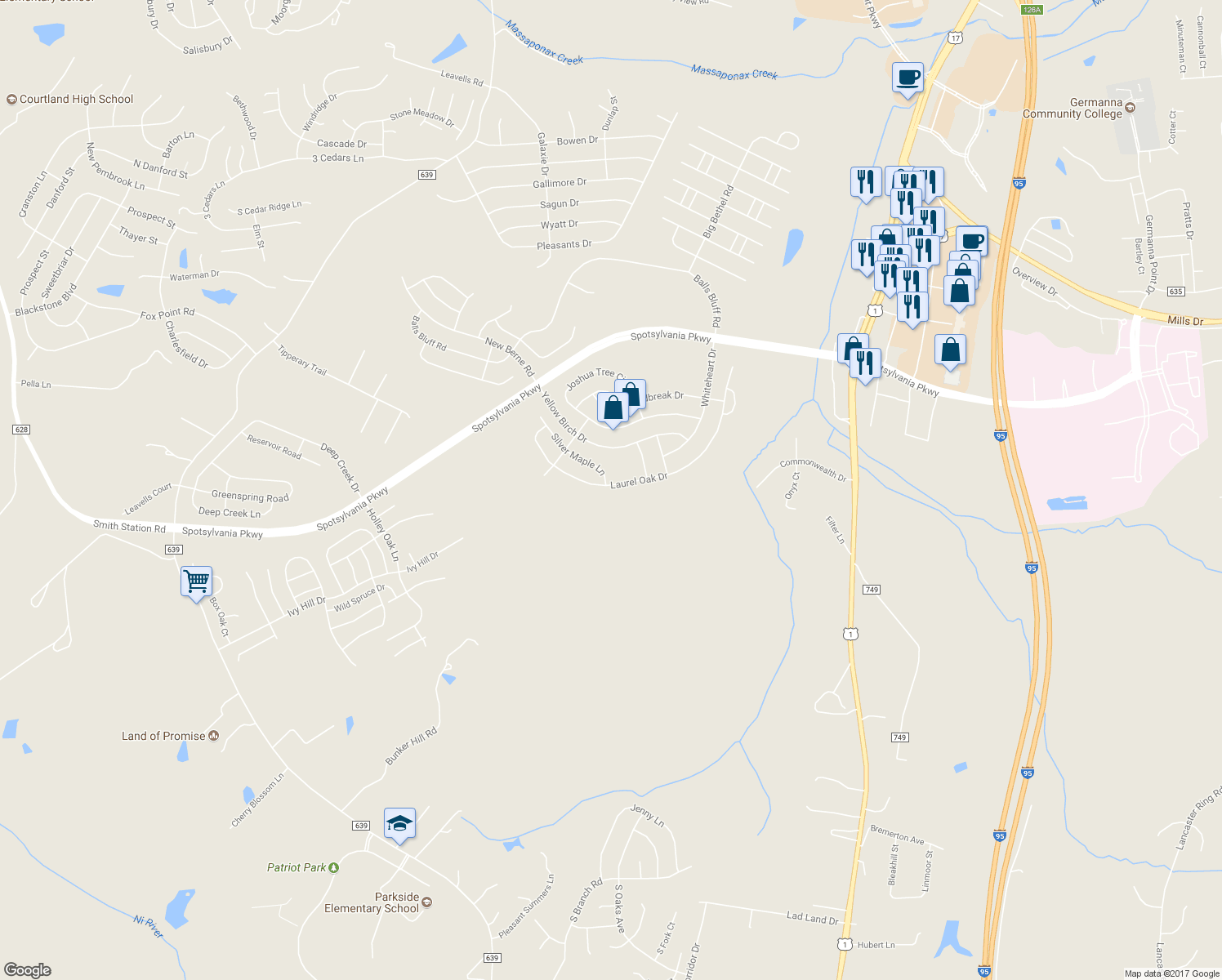map of restaurants, bars, coffee shops, grocery stores, and more near 9325 Laurel Oak Drive in Fredericksburg