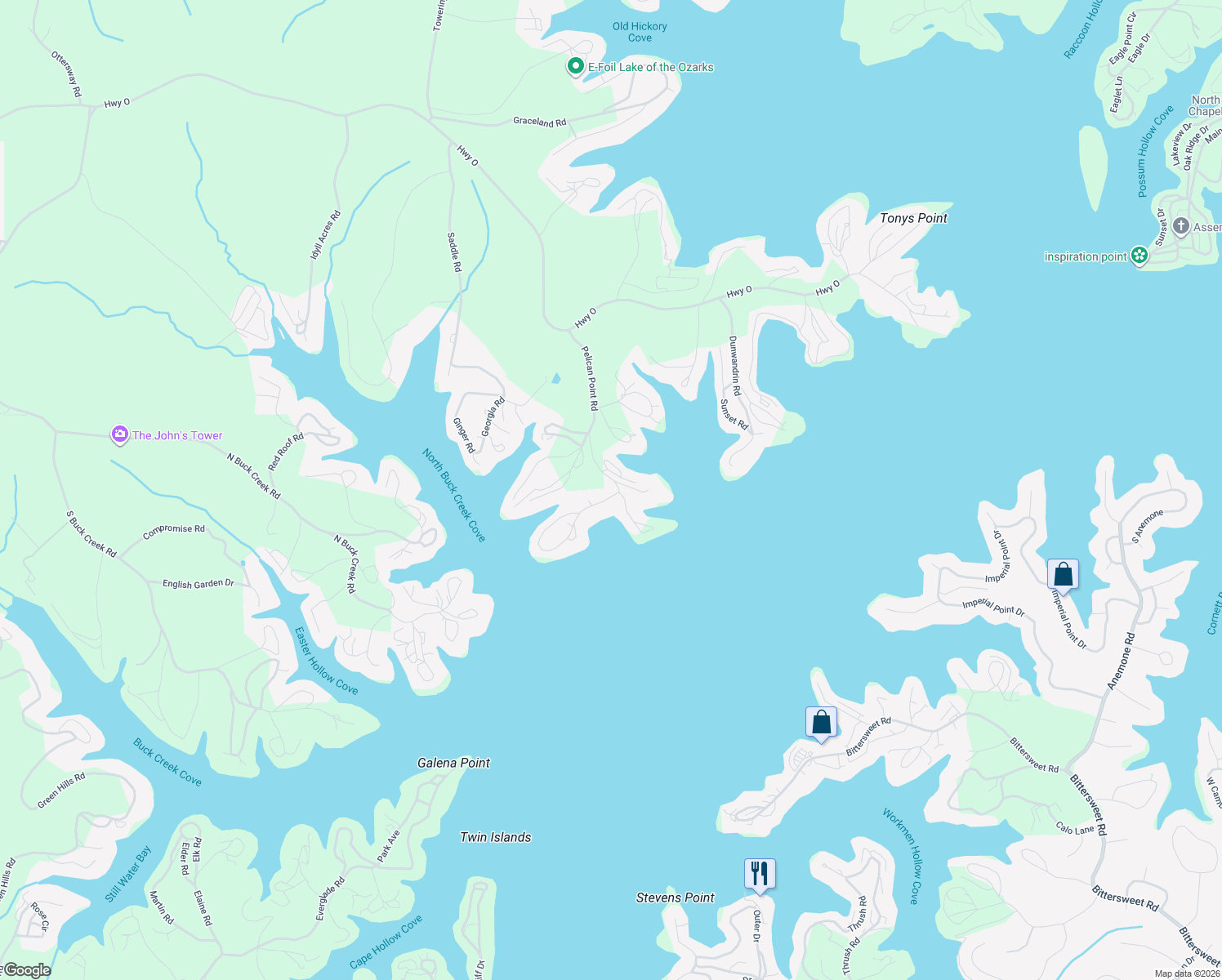 map of restaurants, bars, coffee shops, grocery stores, and more near 31999 Pelican Point Road in Gravois Mills