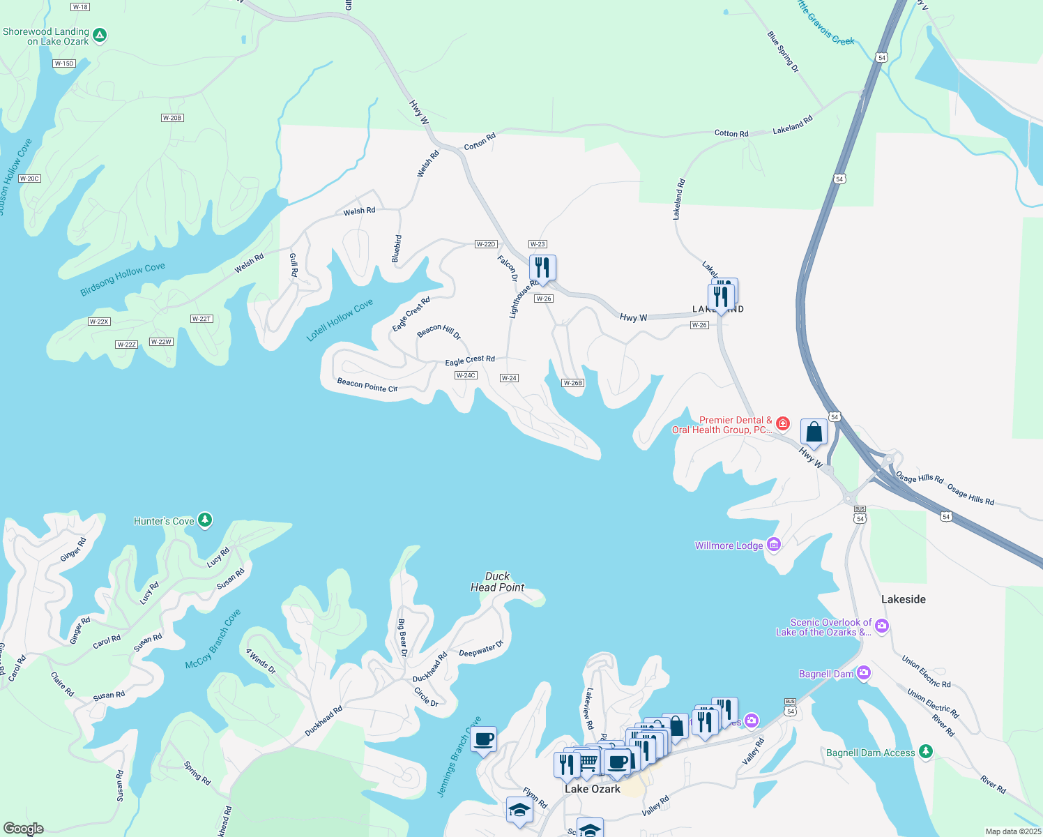 map of restaurants, bars, coffee shops, grocery stores, and more near 100 Harbour Towne Drive in Lake Ozark