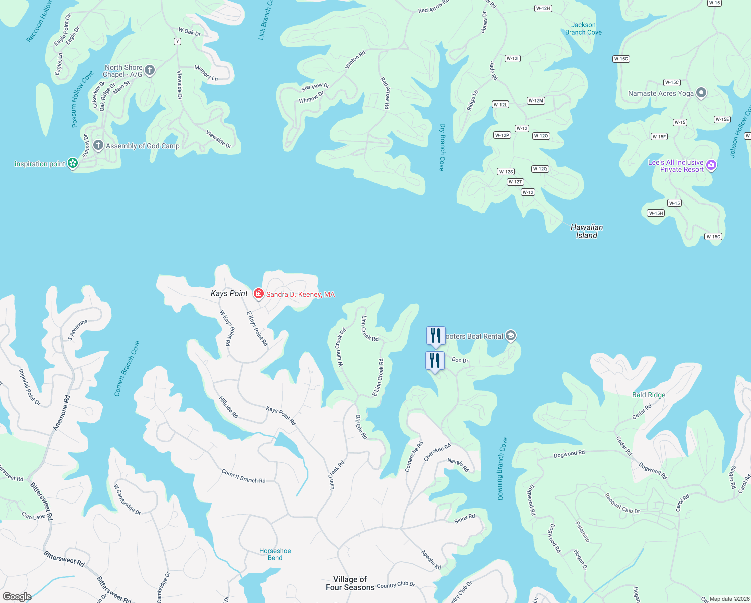 map of restaurants, bars, coffee shops, grocery stores, and more near 580 Damsel Road in Lake Ozark
