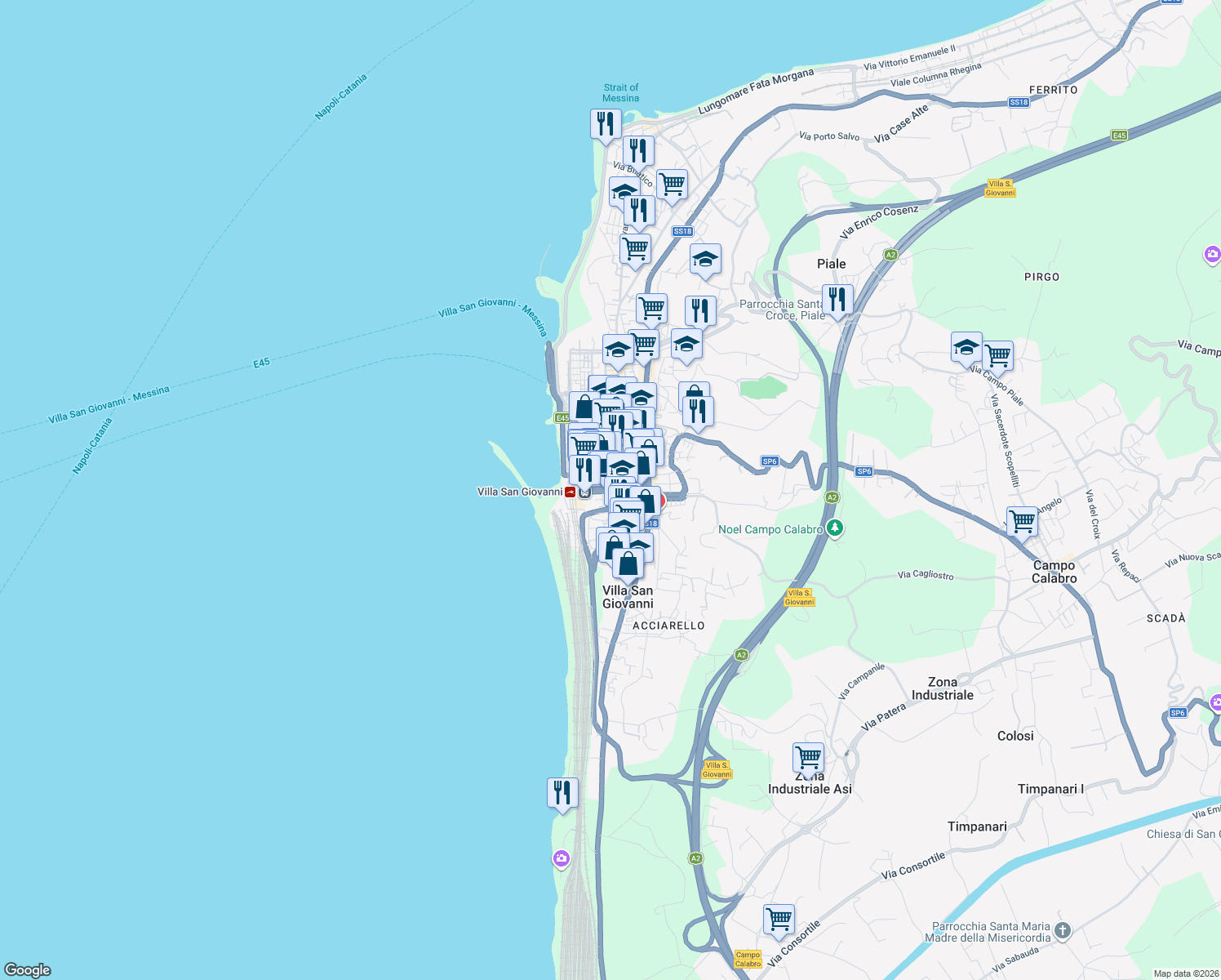 map of restaurants, bars, coffee shops, grocery stores, and more near in Villa San Giovanni