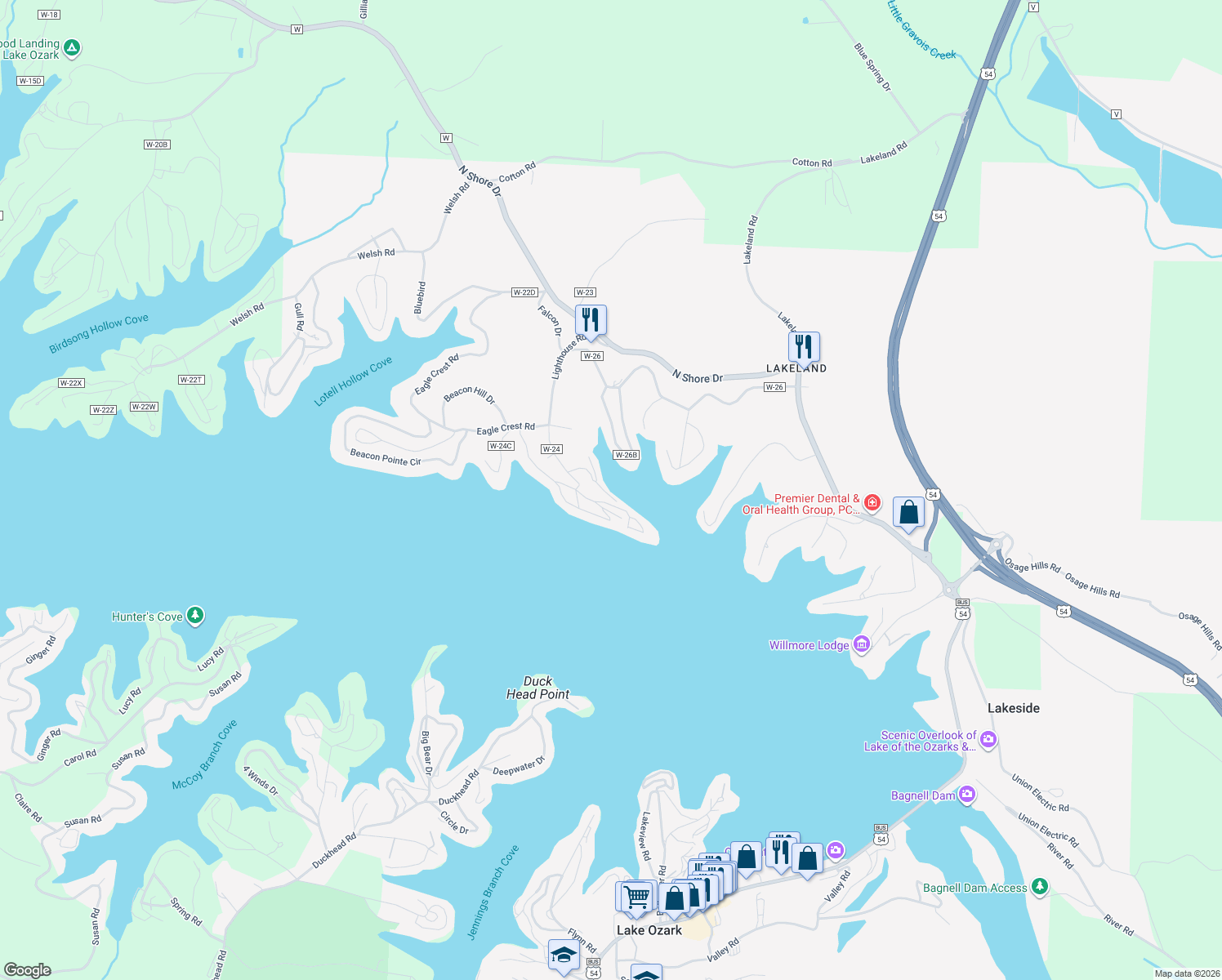 map of restaurants, bars, coffee shops, grocery stores, and more near 40 Lighthouse Road in Lake Ozark