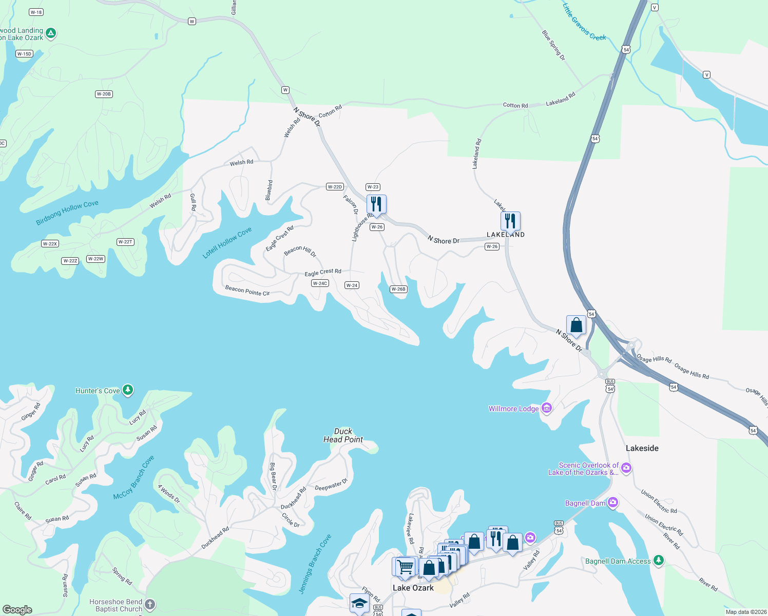 map of restaurants, bars, coffee shops, grocery stores, and more near 40 Lighthouse Road in Lake Ozark