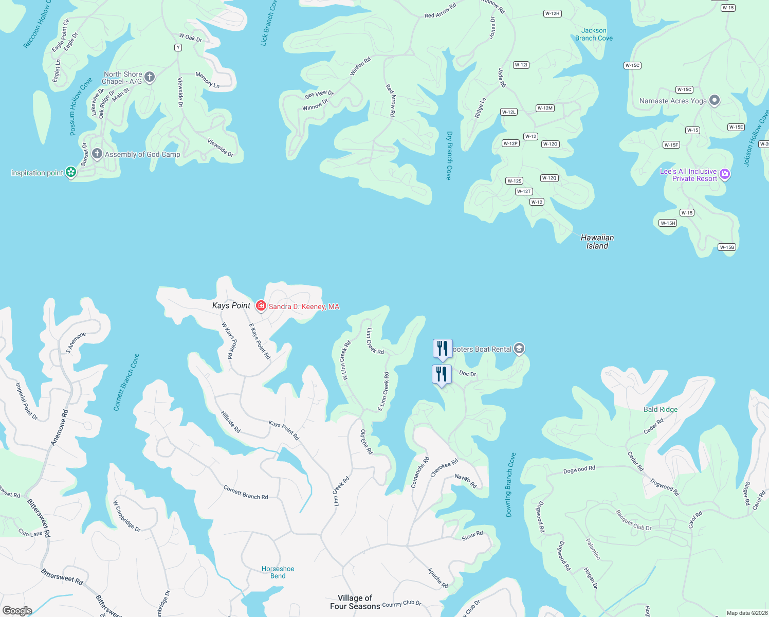map of restaurants, bars, coffee shops, grocery stores, and more near 580 Damsel Road in Lake Ozark