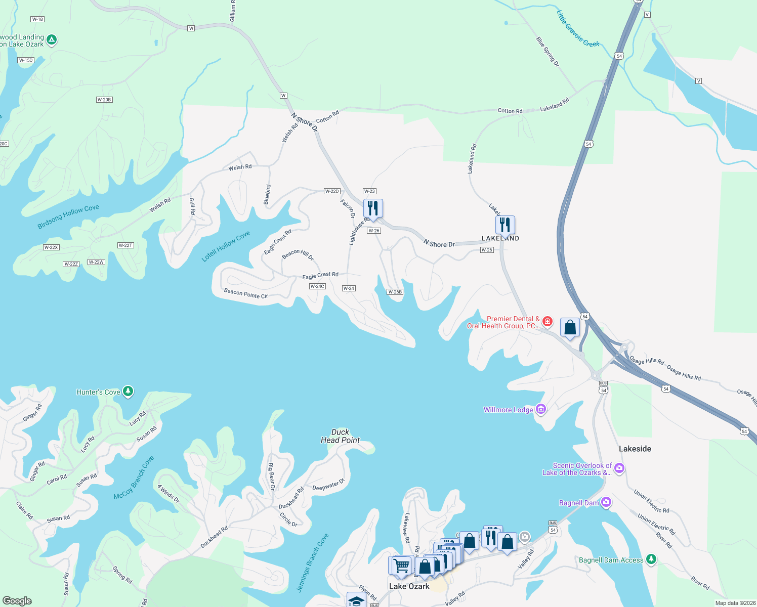 map of restaurants, bars, coffee shops, grocery stores, and more near 40 Lighthouse Road in Lake Ozark