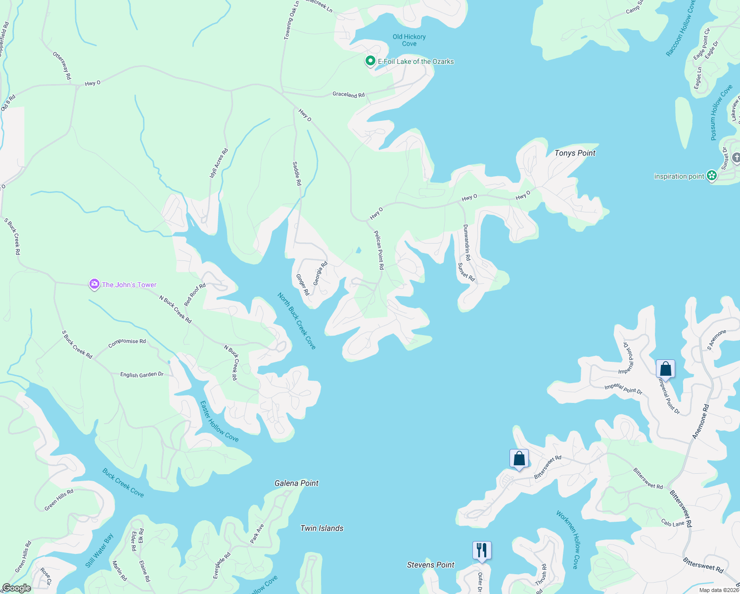 map of restaurants, bars, coffee shops, grocery stores, and more near 31955 Nolan Point Road in Gravois Mills