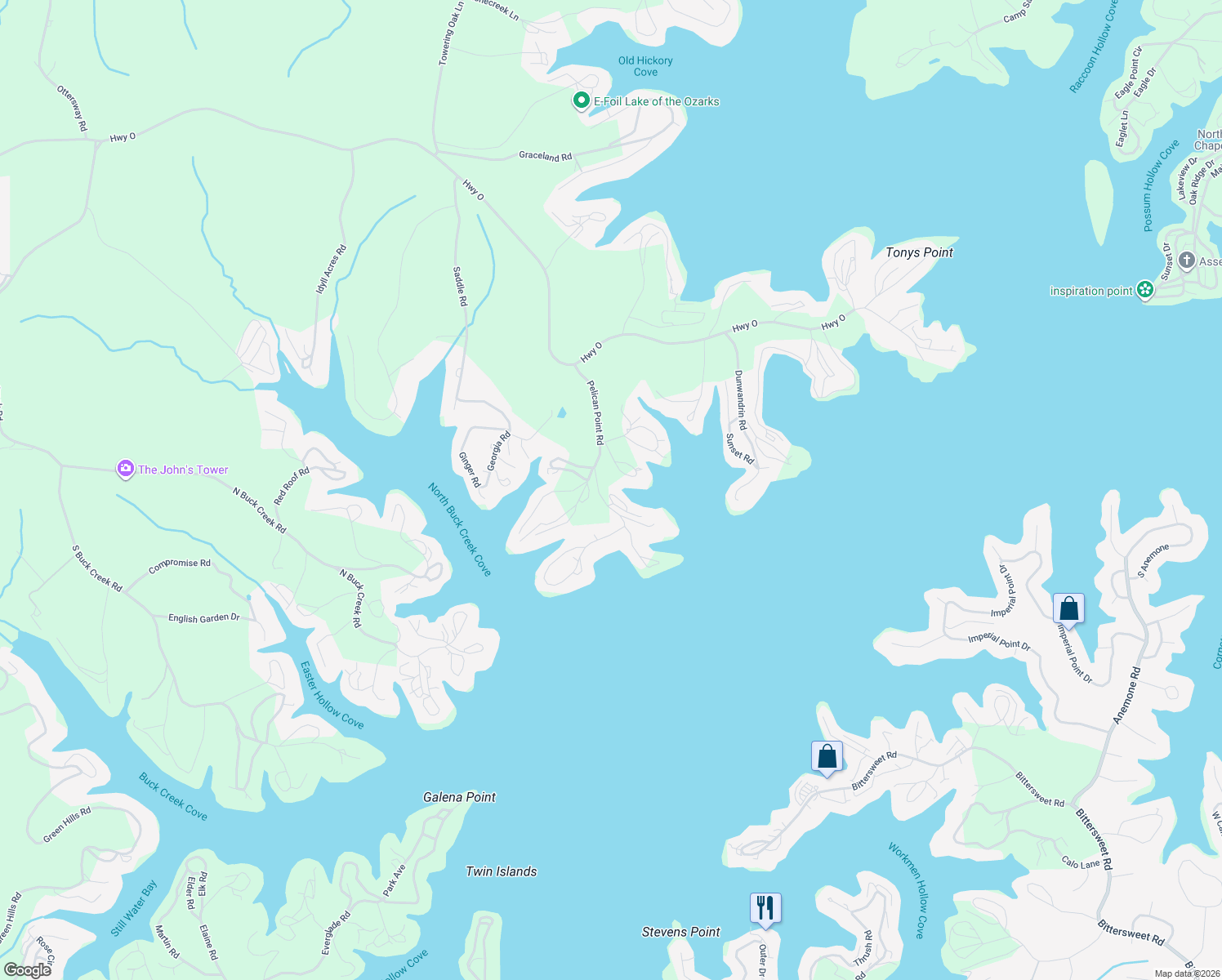 map of restaurants, bars, coffee shops, grocery stores, and more near 31999 Pelican Point Road in Gravois Mills