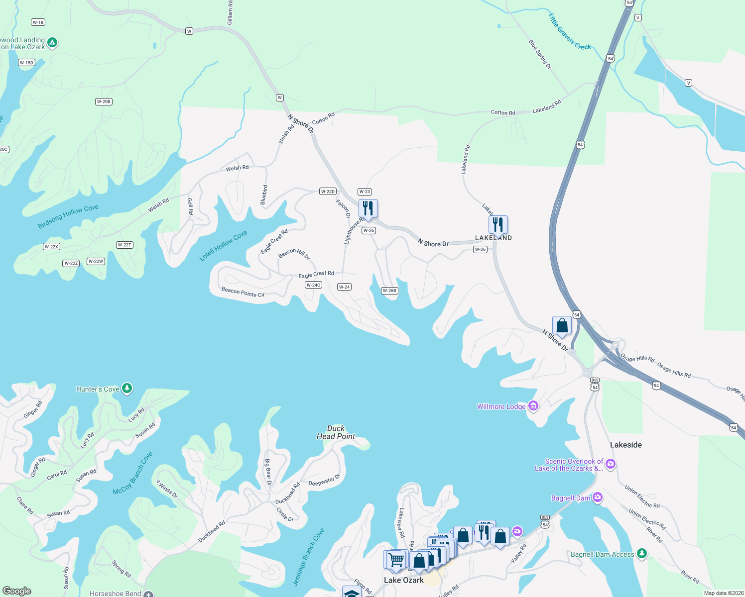 map of restaurants, bars, coffee shops, grocery stores, and more near 40 Lighthouse Road in Lake Ozark