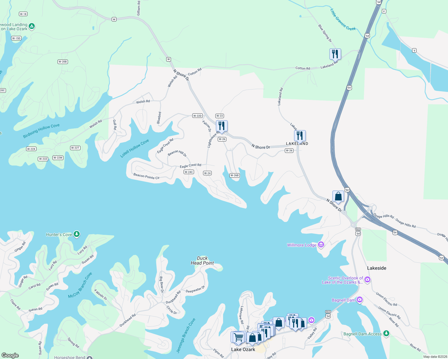 map of restaurants, bars, coffee shops, grocery stores, and more near 2 County Road w-26B in Lake Ozark