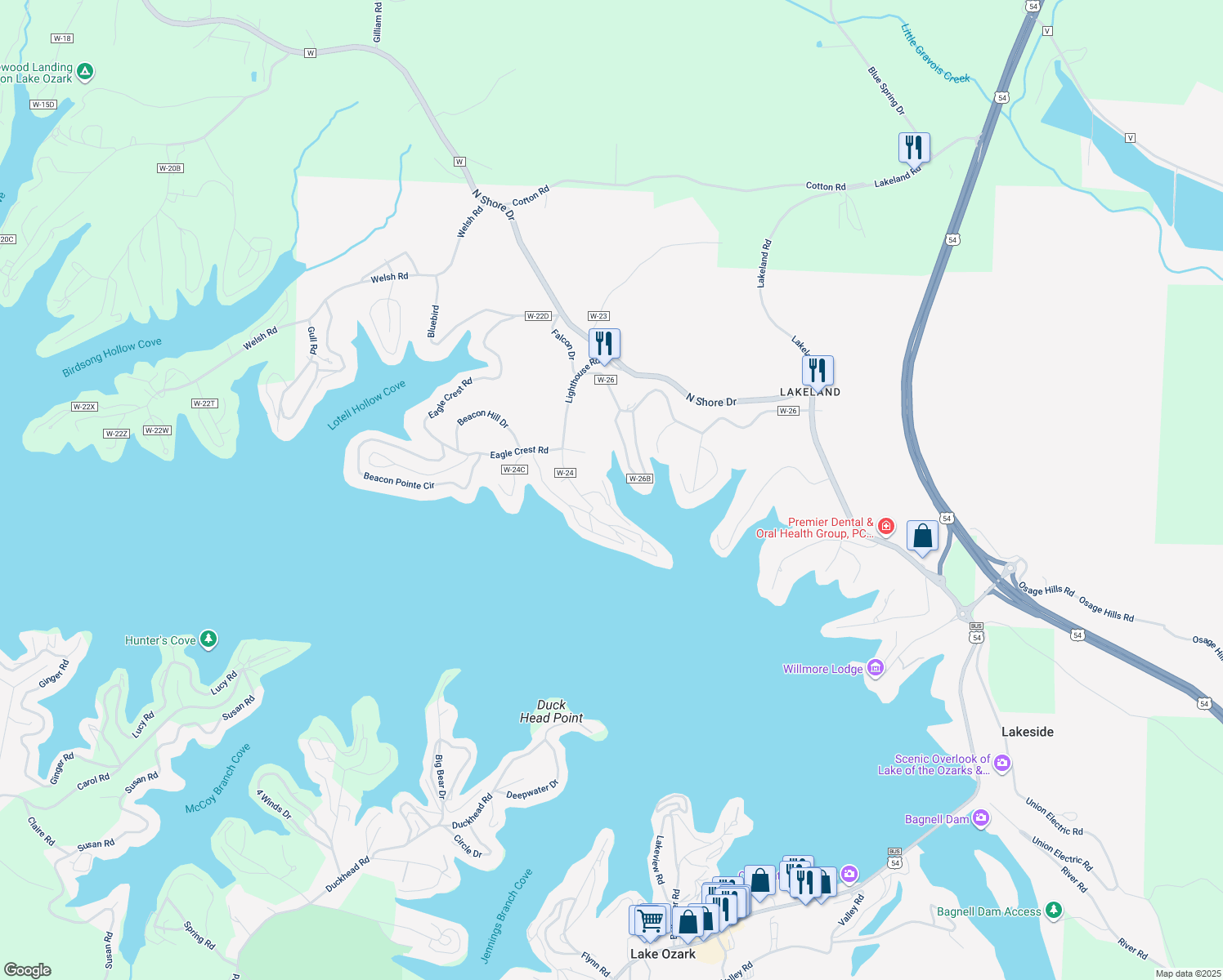 map of restaurants, bars, coffee shops, grocery stores, and more near 2 County Road w-26B in Lake Ozark