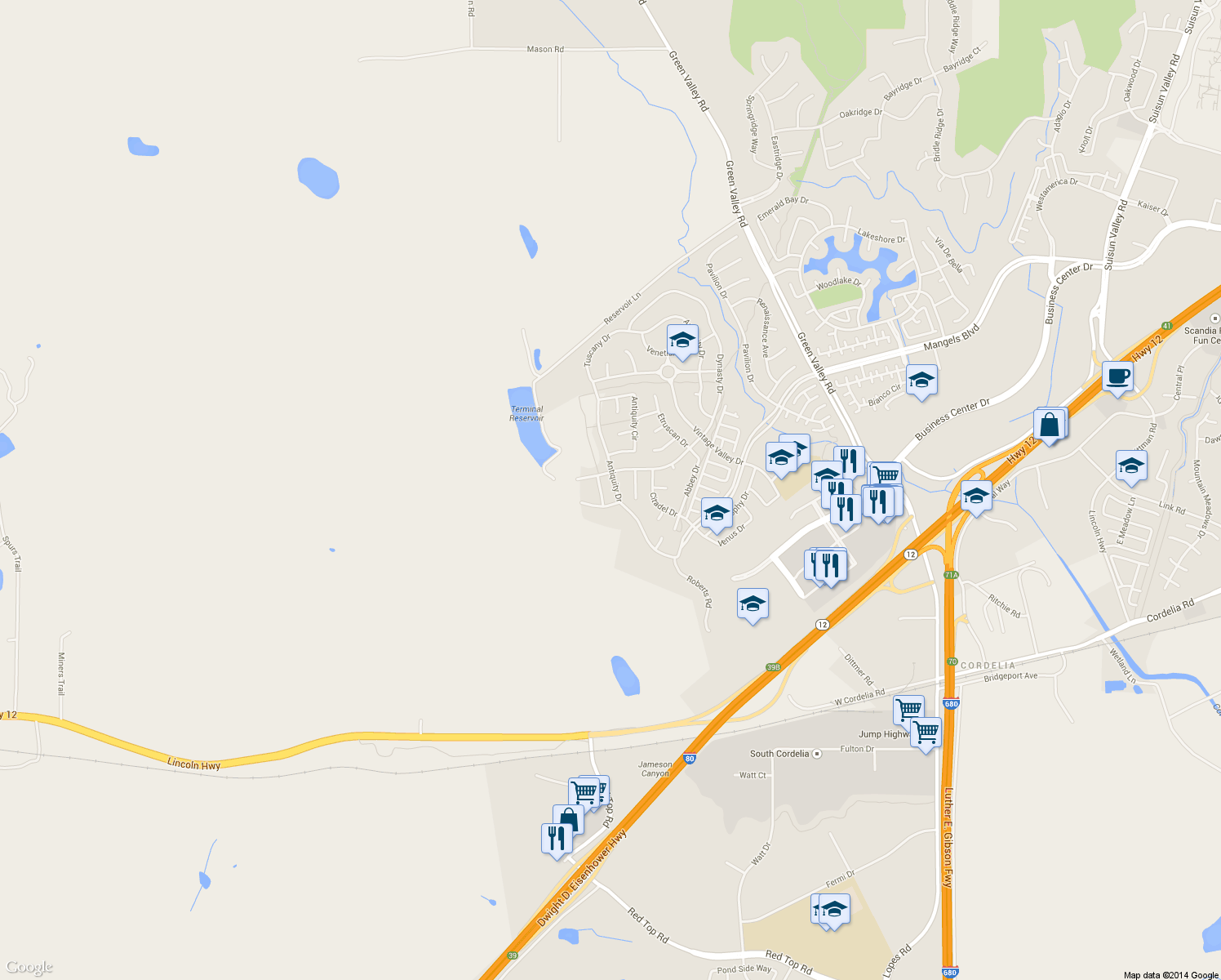 map of restaurants, bars, coffee shops, grocery stores, and more near 904 Antiquity Drive in Fairfield