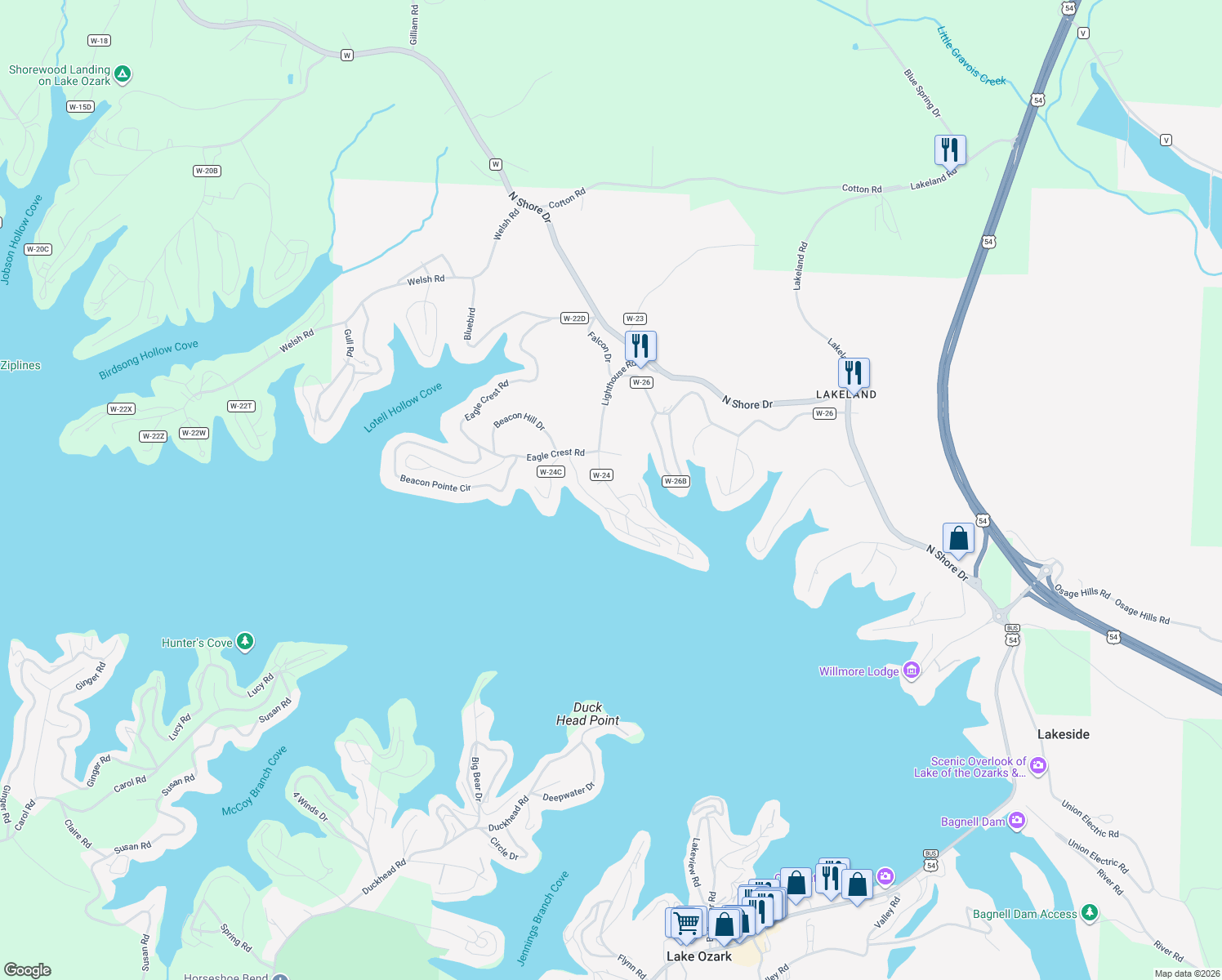 map of restaurants, bars, coffee shops, grocery stores, and more near 44 Lighthouse Road in Lake Ozark