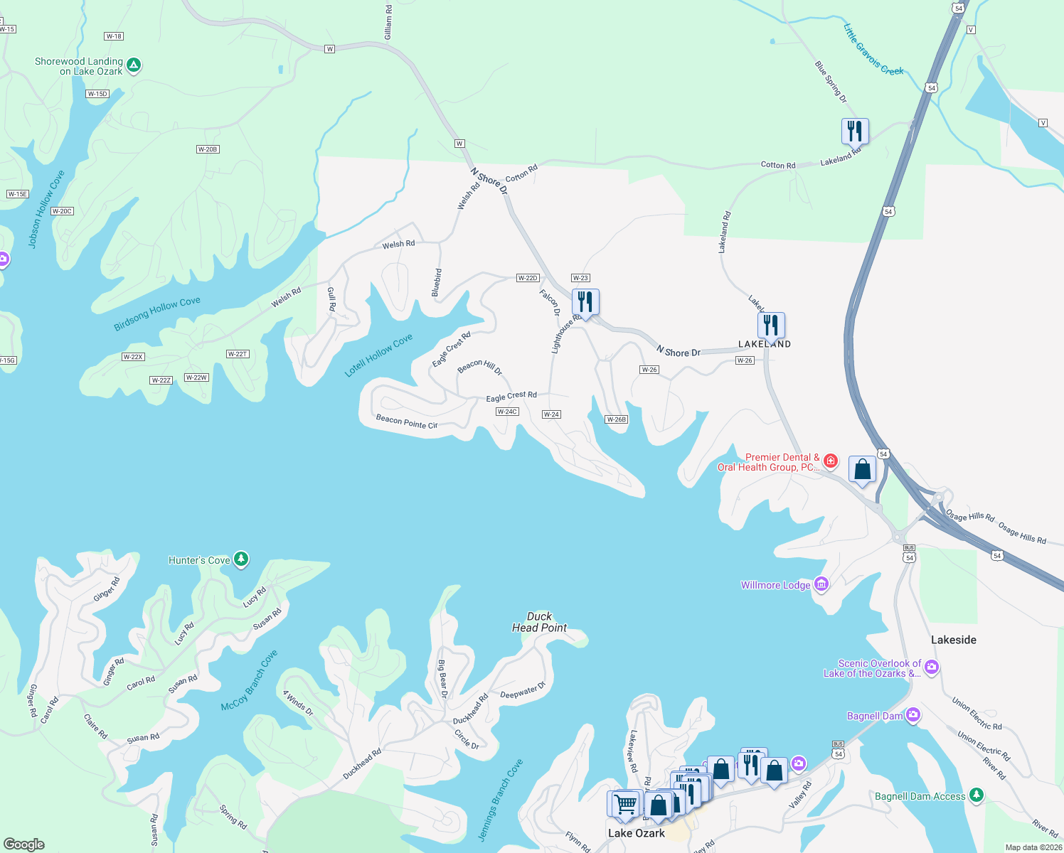 map of restaurants, bars, coffee shops, grocery stores, and more near 1409 Harbour Towne Drive in Lake Ozark