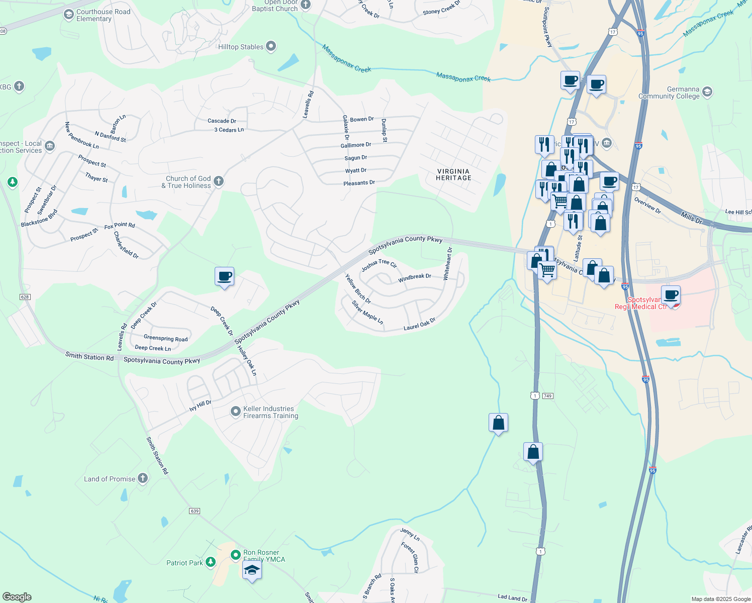map of restaurants, bars, coffee shops, grocery stores, and more near 5319 Yellow Birch Drive in Fredericksburg