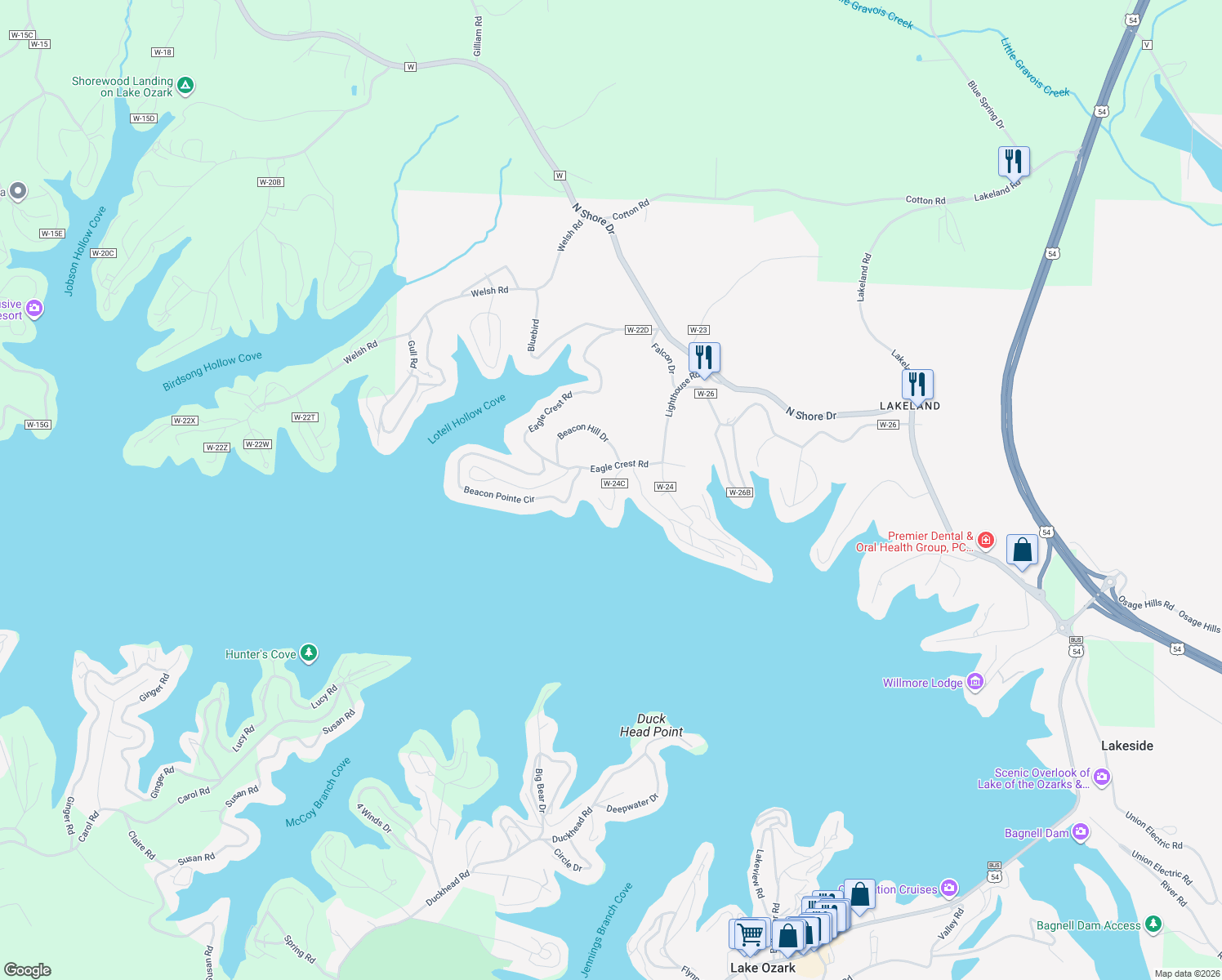map of restaurants, bars, coffee shops, grocery stores, and more near Emerald Lane in Lake Ozark