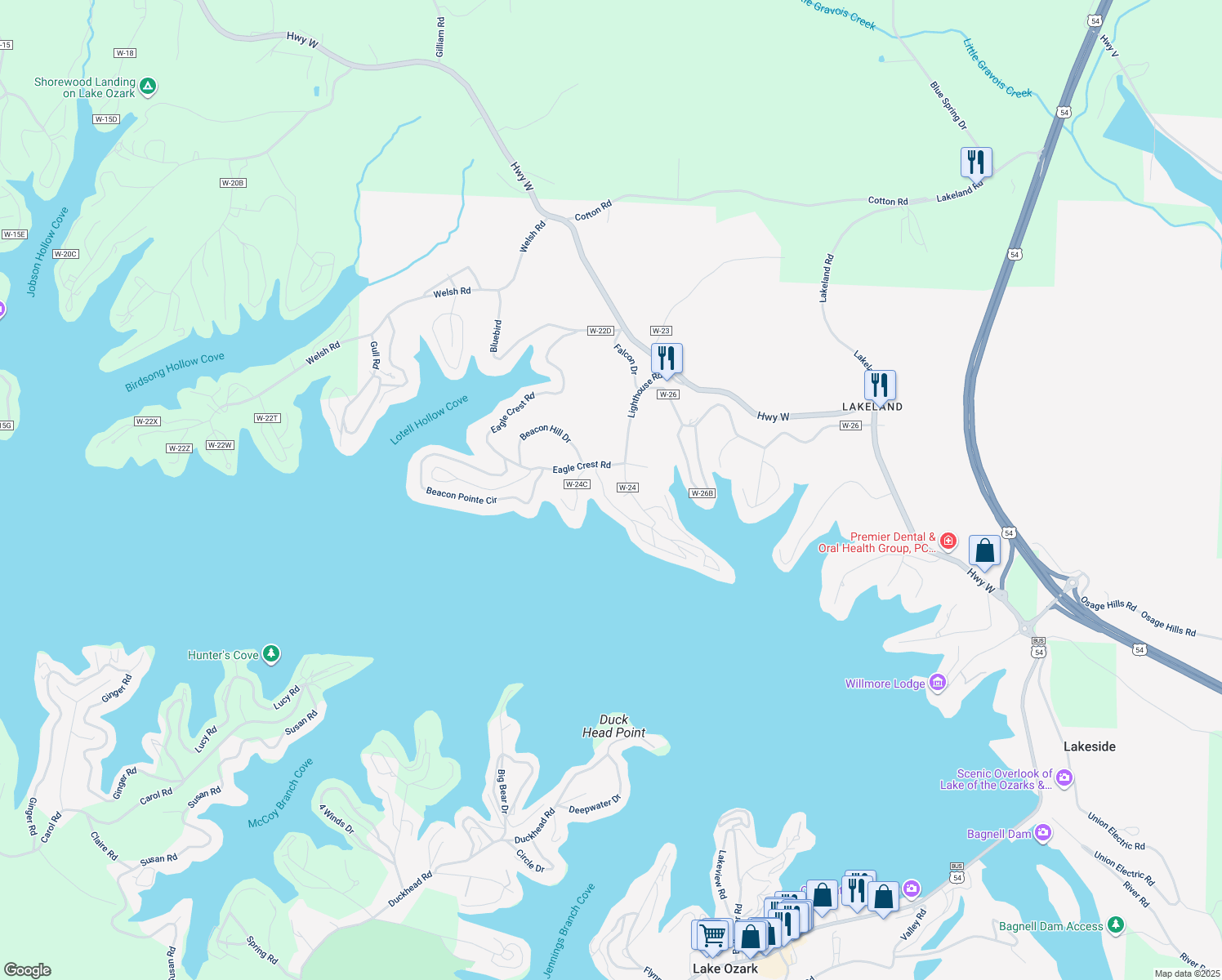 map of restaurants, bars, coffee shops, grocery stores, and more near 1409 Harbour Towne Drive in Lake Ozark