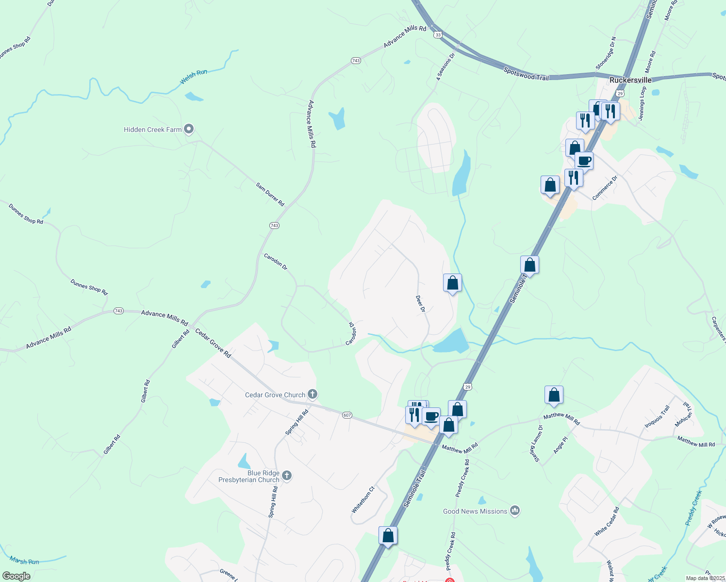 map of restaurants, bars, coffee shops, grocery stores, and more near 351 Doe Dr in Ruckersville