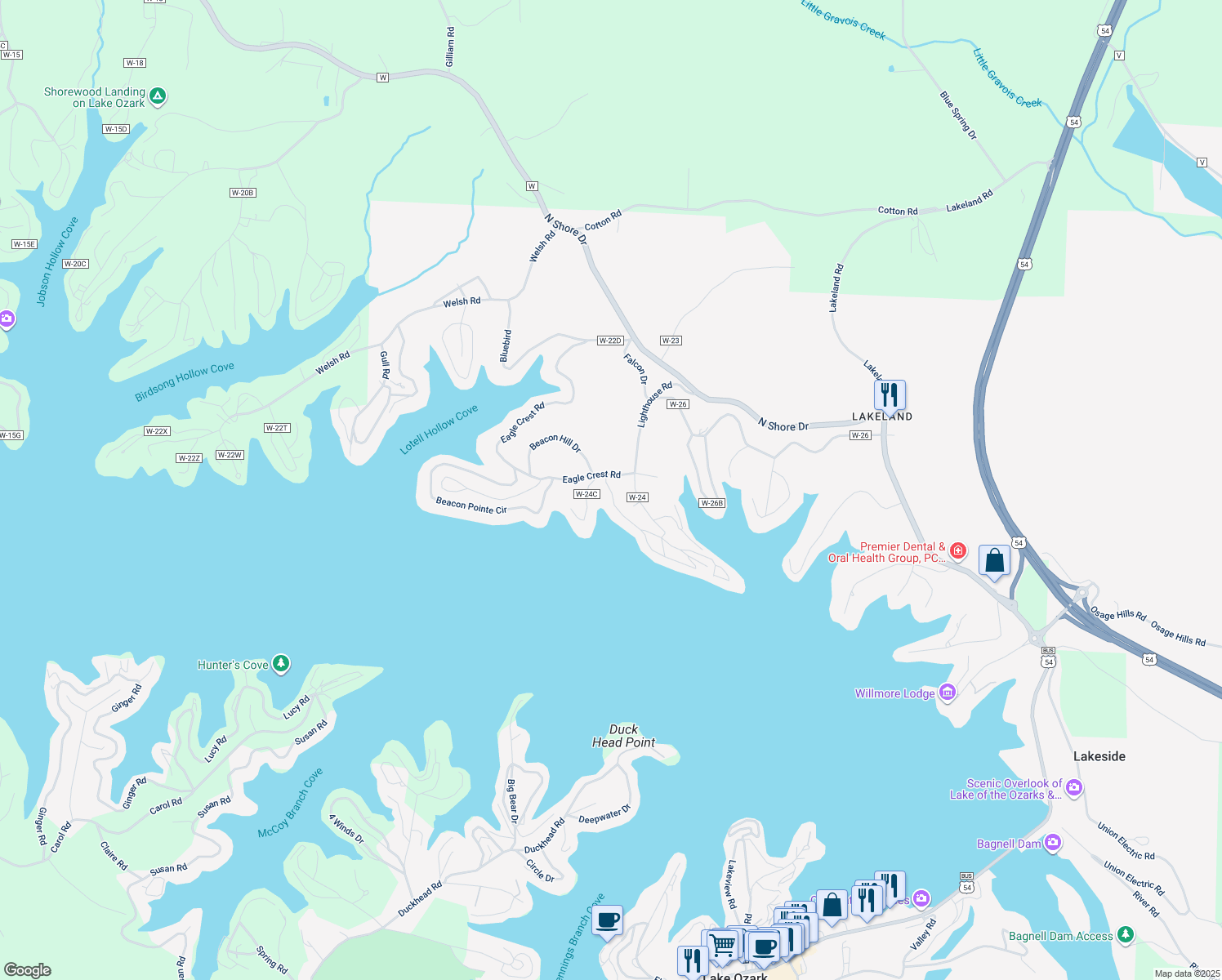 map of restaurants, bars, coffee shops, grocery stores, and more near Emerald Lane in Lake Ozark