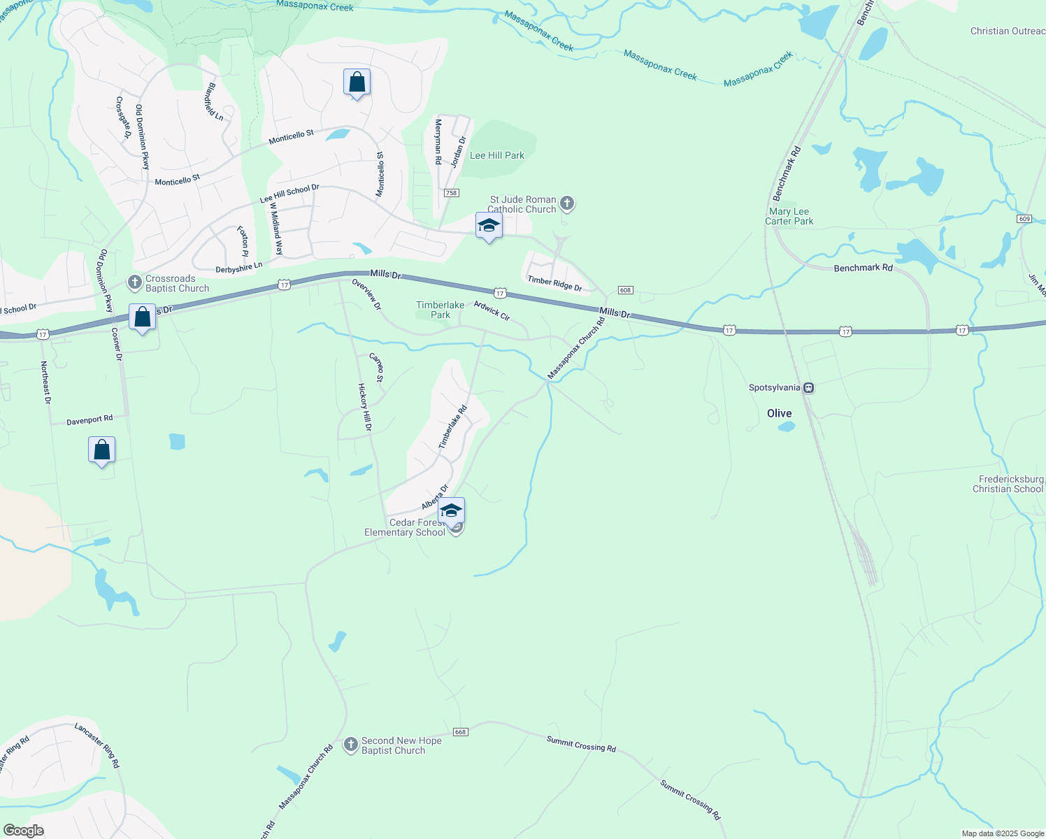 map of restaurants, bars, coffee shops, grocery stores, and more near 3300 Massaponax Church Road in Fredericksburg