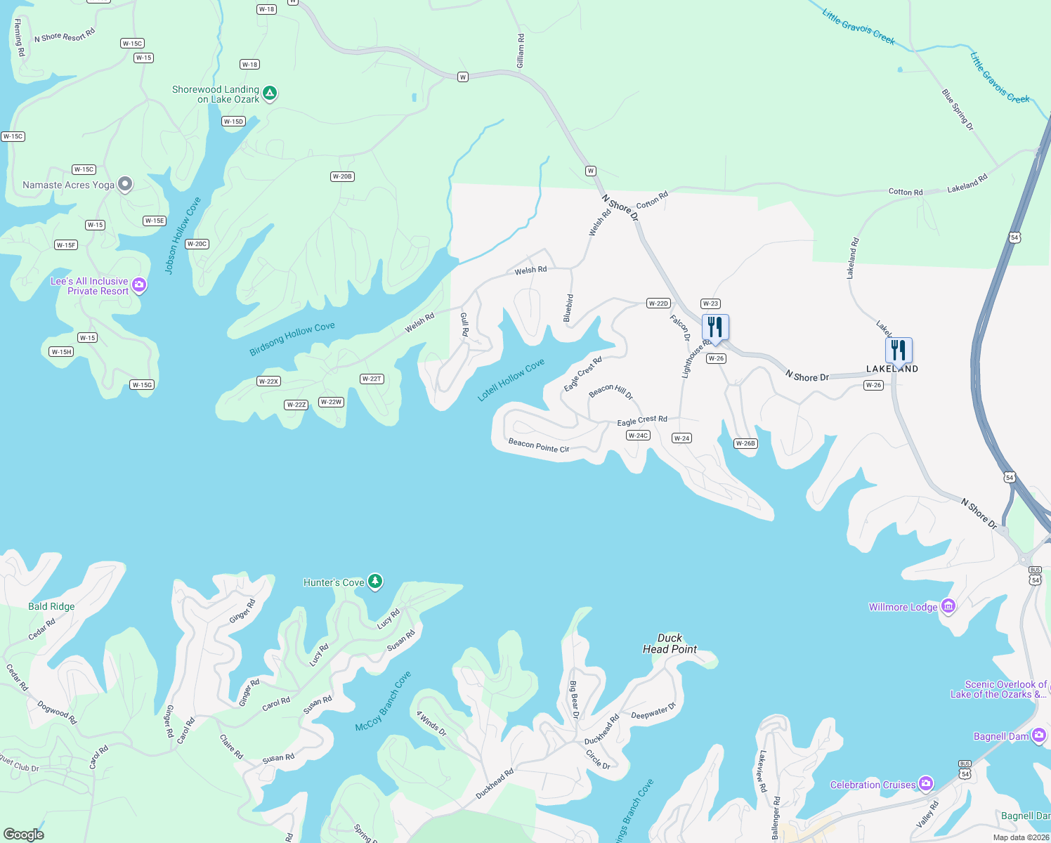 map of restaurants, bars, coffee shops, grocery stores, and more near 1159 Beacon Pointe Circle in Lake Ozark