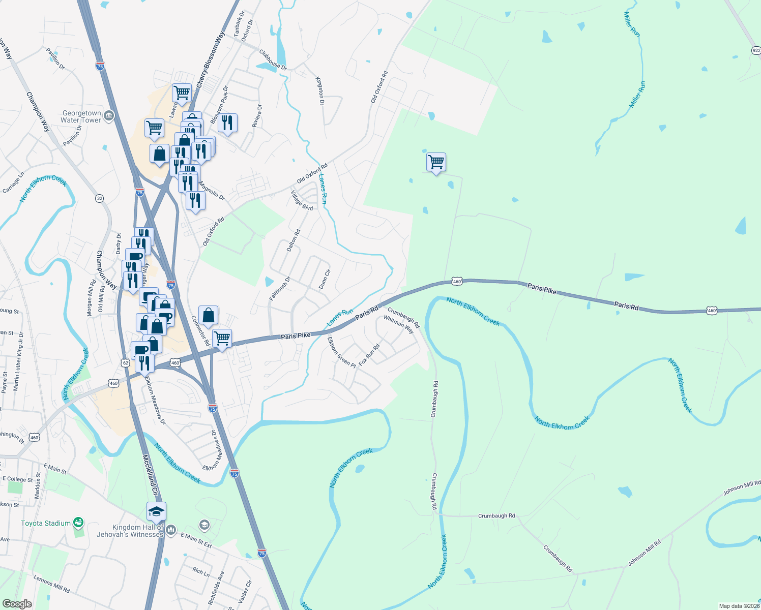 map of restaurants, bars, coffee shops, grocery stores, and more near 101 Rocky Creek Road in Georgetown