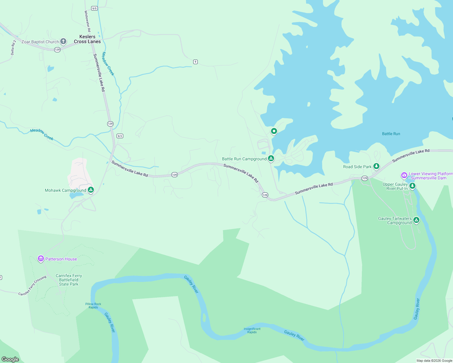 map of restaurants, bars, coffee shops, grocery stores, and more near 54 Wolfe Run Road in Summersville