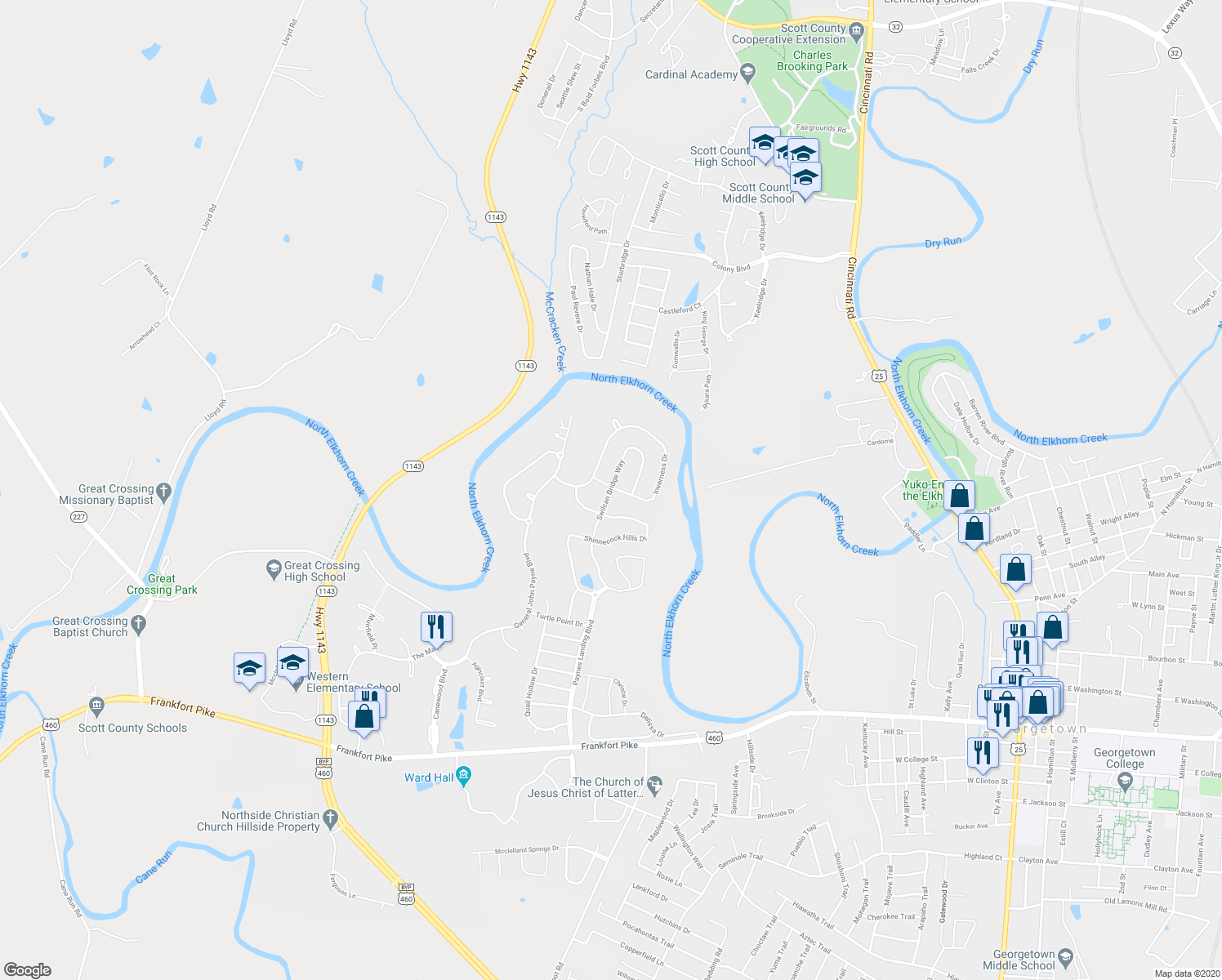 map of restaurants, bars, coffee shops, grocery stores, and more near 169 Swilcan Bridge Way in Georgetown