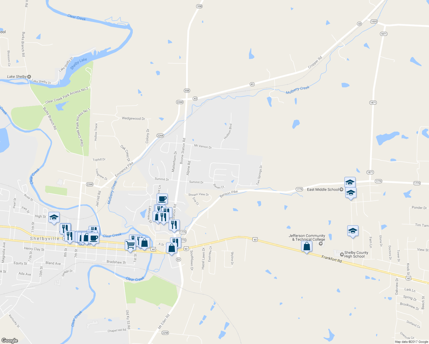 map of restaurants, bars, coffee shops, grocery stores, and more near 226 Rosewood Lane in Shelbyville