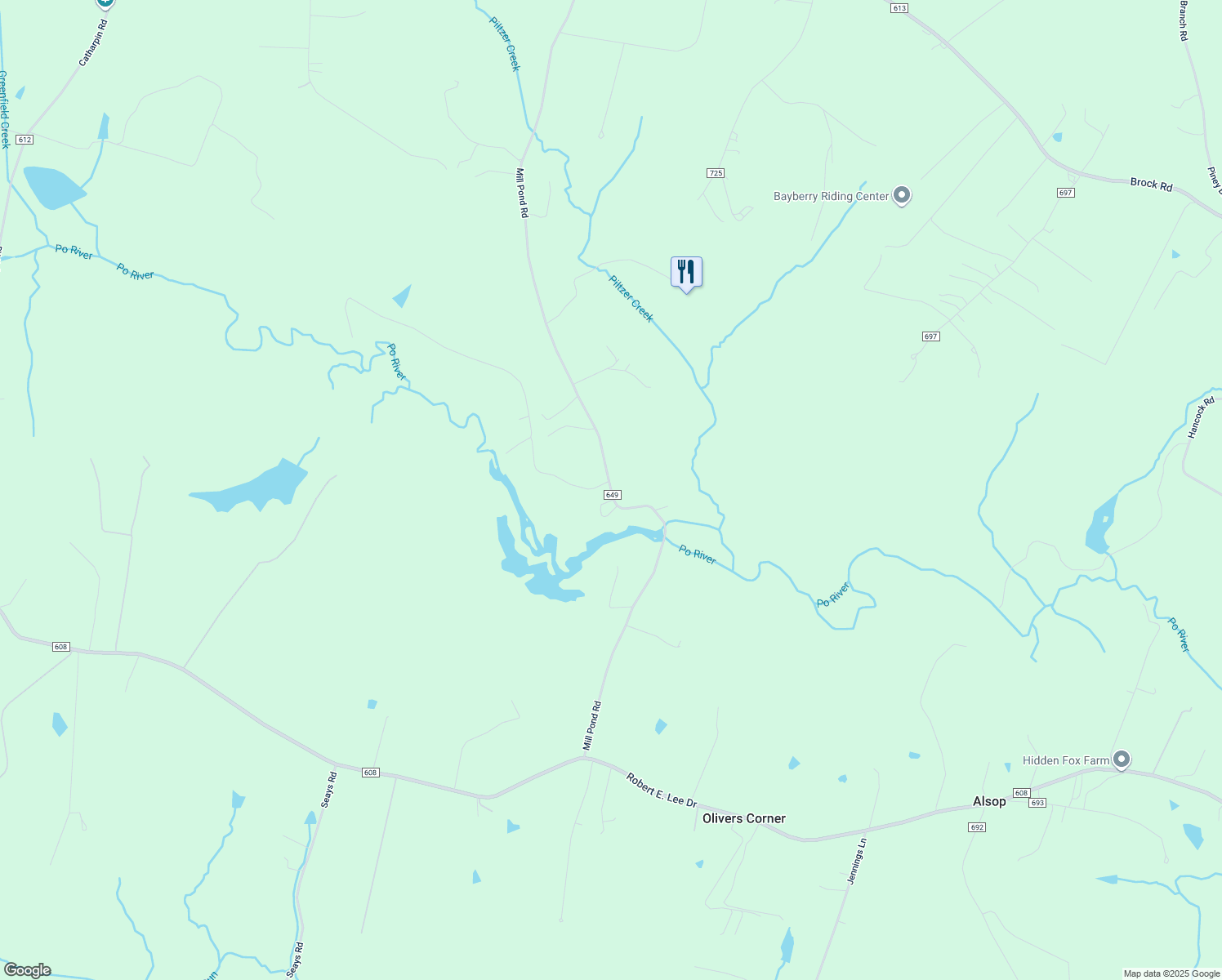 map of restaurants, bars, coffee shops, grocery stores, and more near 9709 Mill Pond Road in Spotsylvania