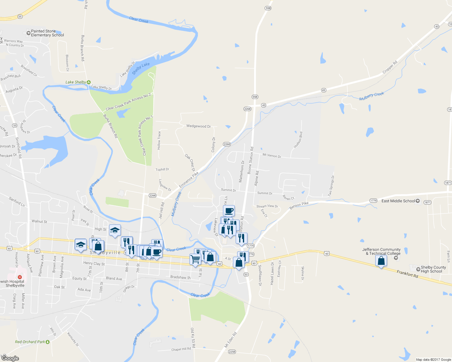 map of restaurants, bars, coffee shops, grocery stores, and more near 68 Nordic Court in Shelbyville