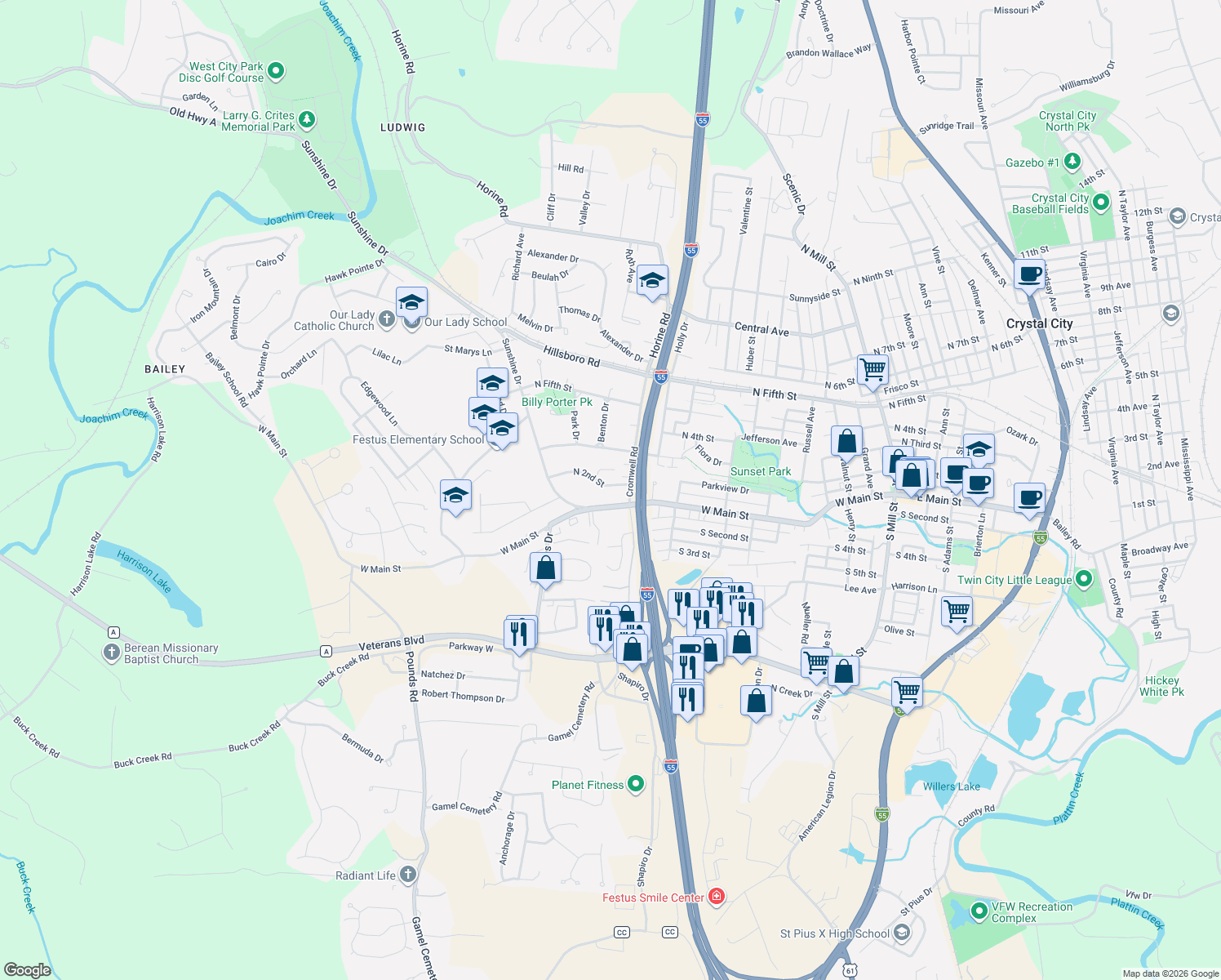 map of restaurants, bars, coffee shops, grocery stores, and more near 1110 North 2nd Street in Festus