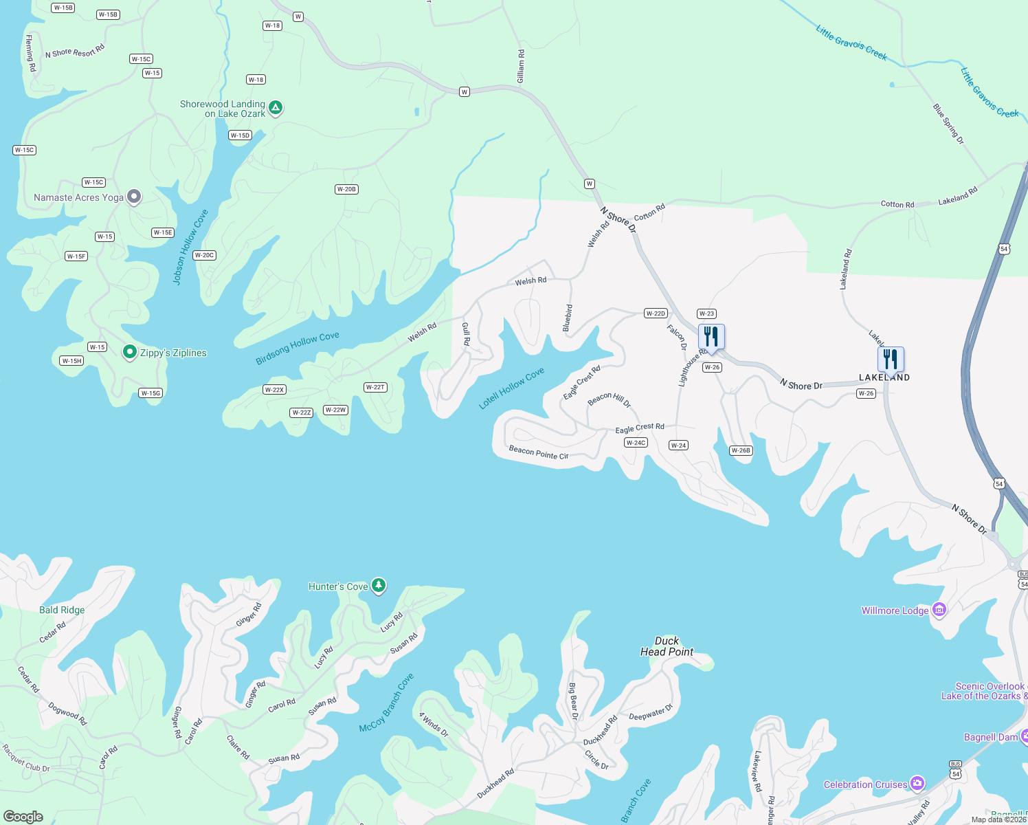 map of restaurants, bars, coffee shops, grocery stores, and more near 1159 Beacon Pointe Circle in Lake Ozark