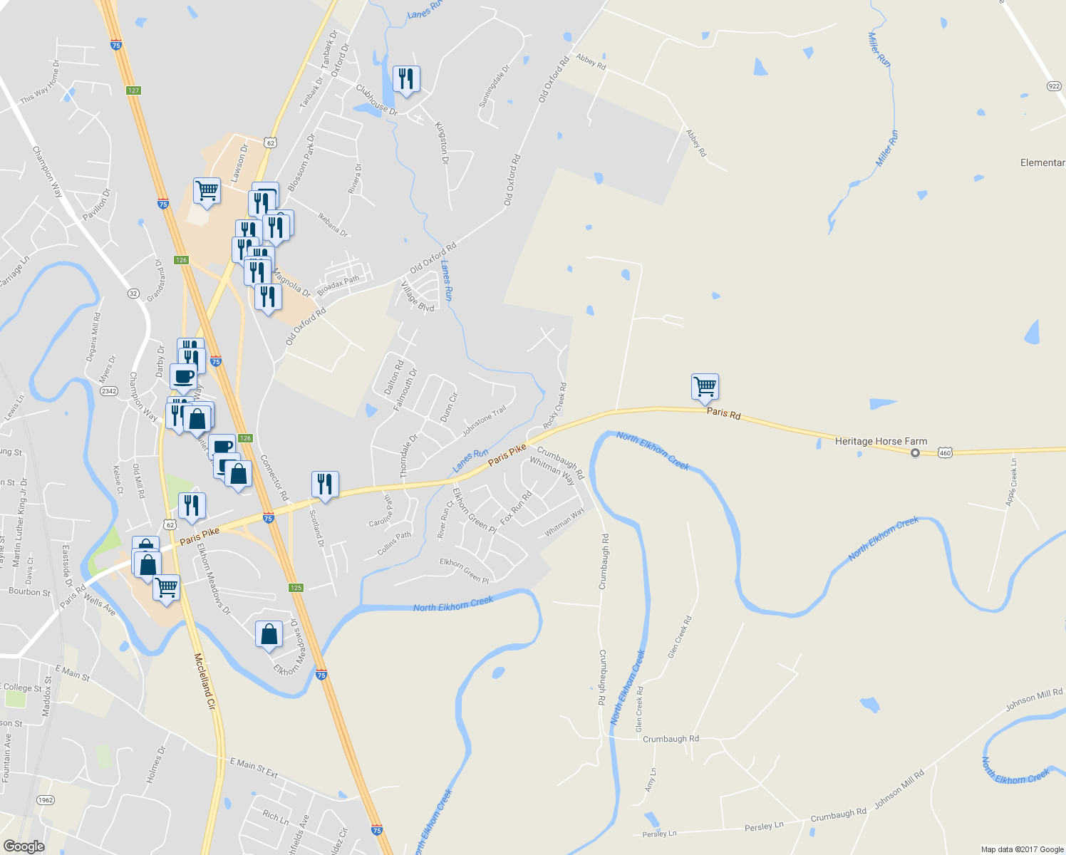map of restaurants, bars, coffee shops, grocery stores, and more near 103 Rocky Creek Road in Georgetown