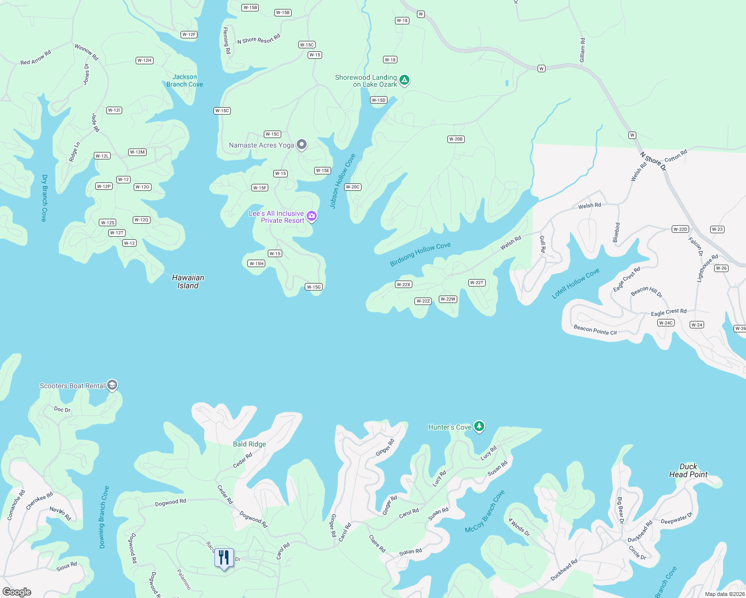 map of restaurants, bars, coffee shops, grocery stores, and more near 69 Rosco Road in Lake Ozark