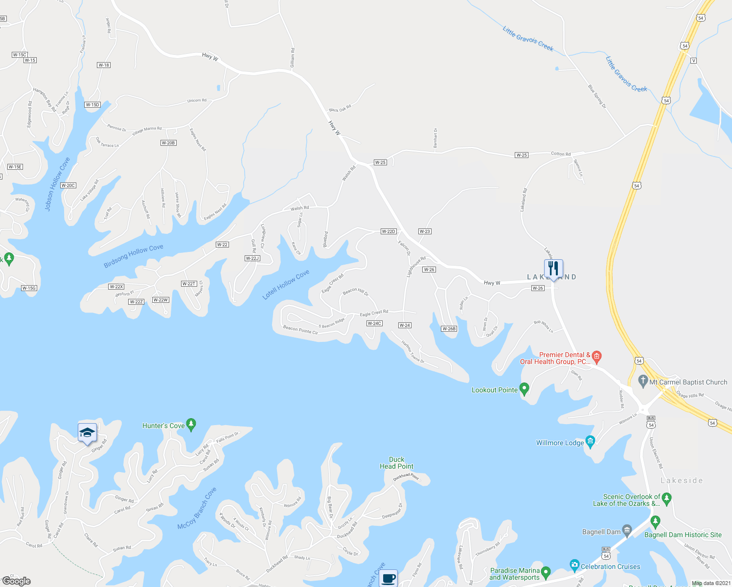 map of restaurants, bars, coffee shops, grocery stores, and more near Beacon Hill Drive in Lake Ozark