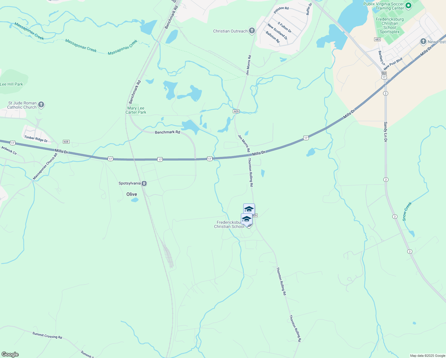 map of restaurants, bars, coffee shops, grocery stores, and more near 9514 Thornton Rolling Road in Fredericksburg