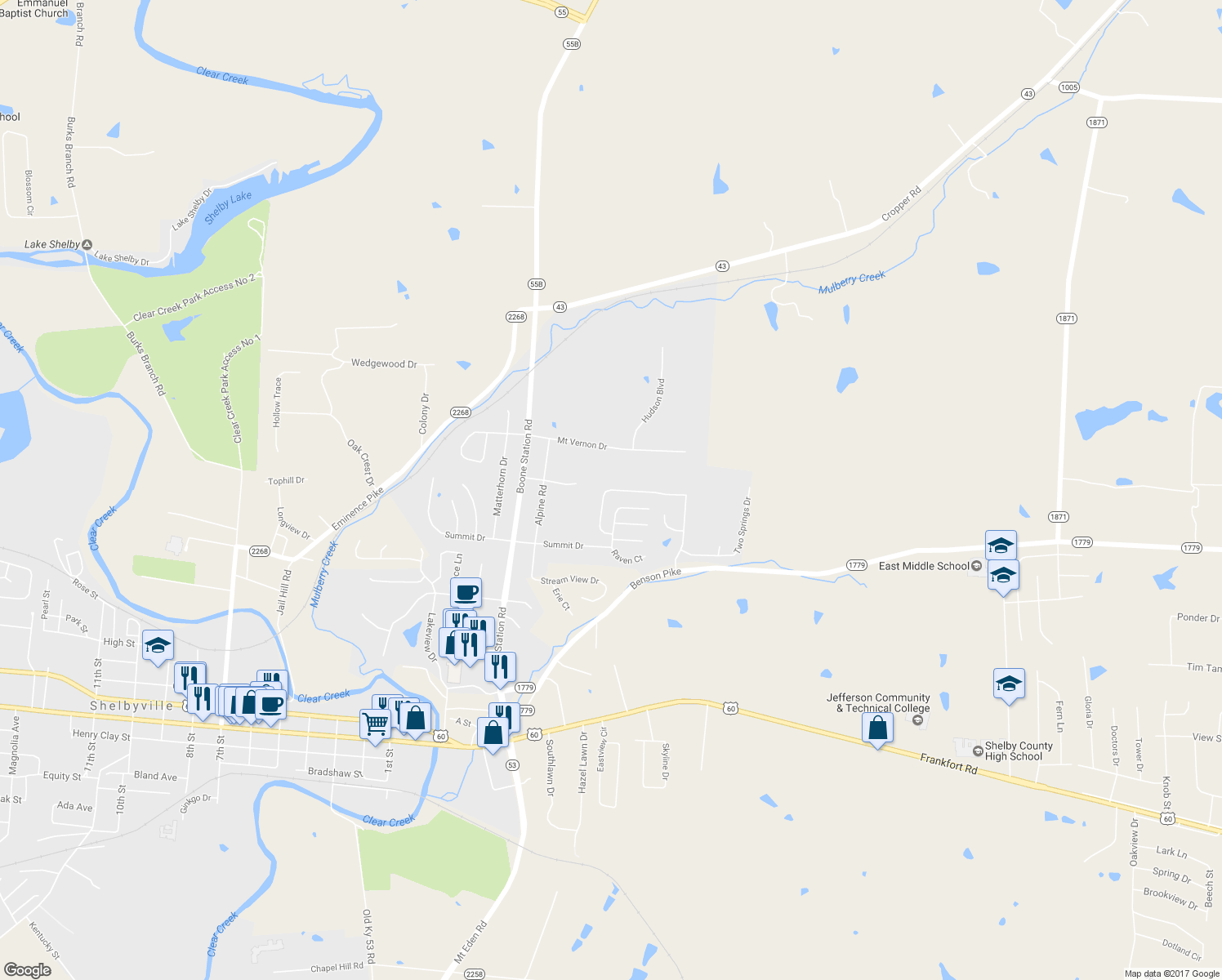 map of restaurants, bars, coffee shops, grocery stores, and more near 541 Birchwood Circle in Shelbyville