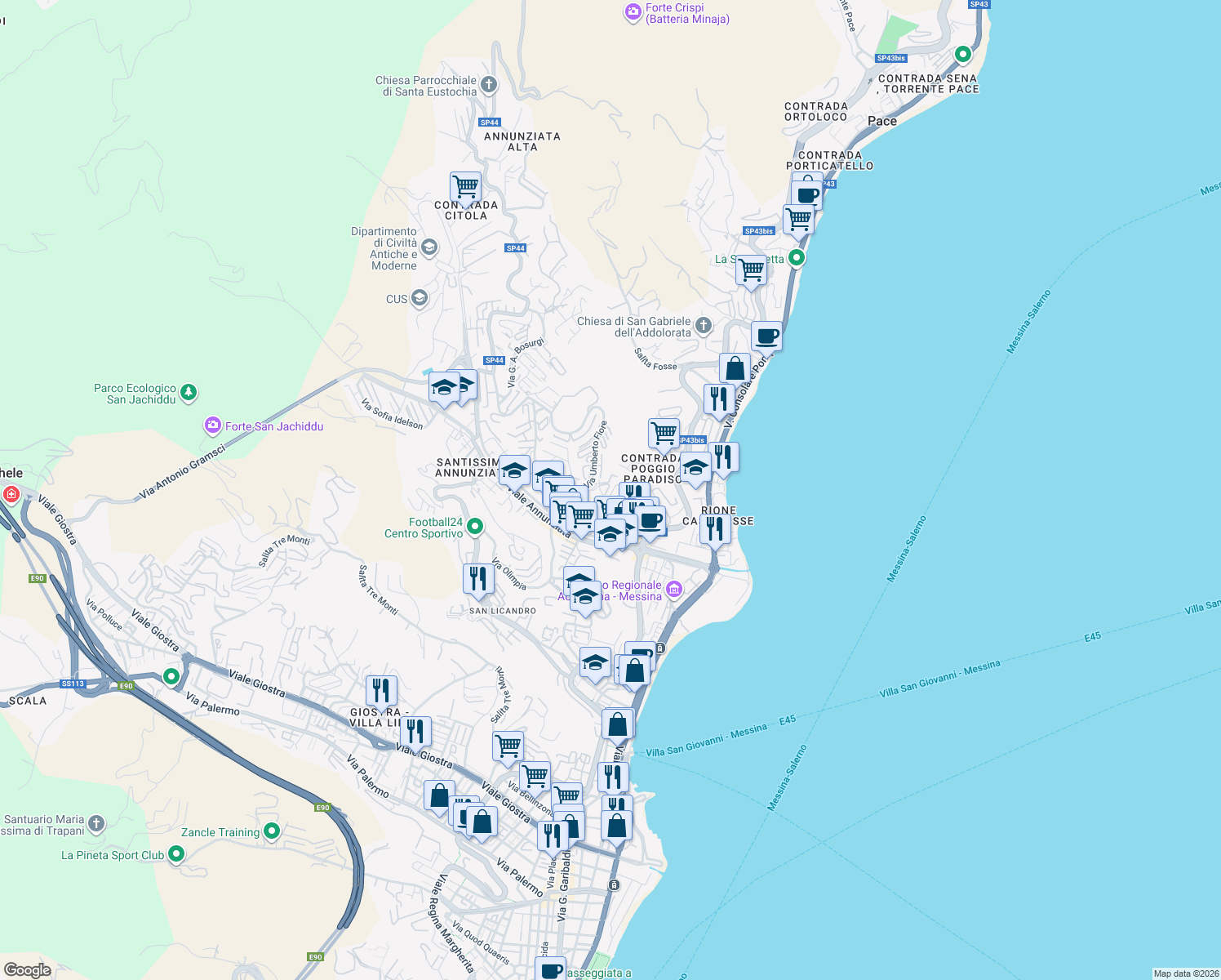 map of restaurants, bars, coffee shops, grocery stores, and more near 23a Viale dei Tigli in Messina