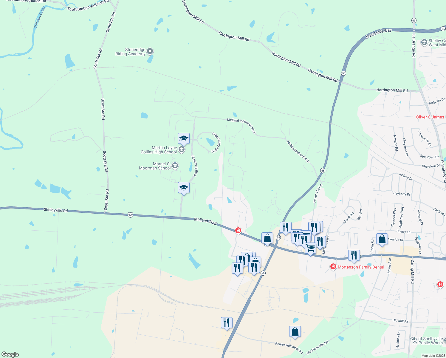 map of restaurants, bars, coffee shops, grocery stores, and more near 369 Ardmore Lane in Shelbyville