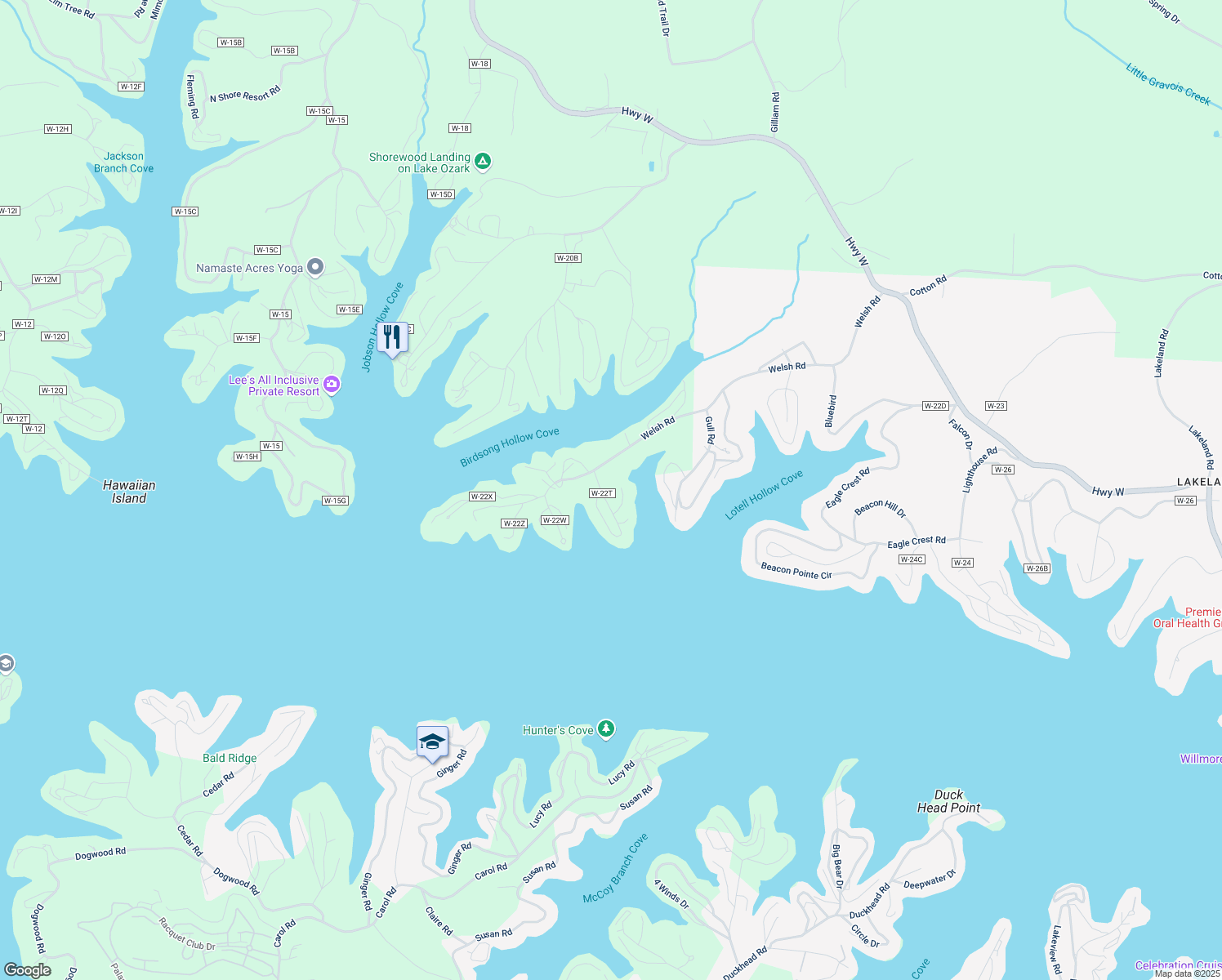 map of restaurants, bars, coffee shops, grocery stores, and more near 13-23 Knox Point Circle in Lake Ozark