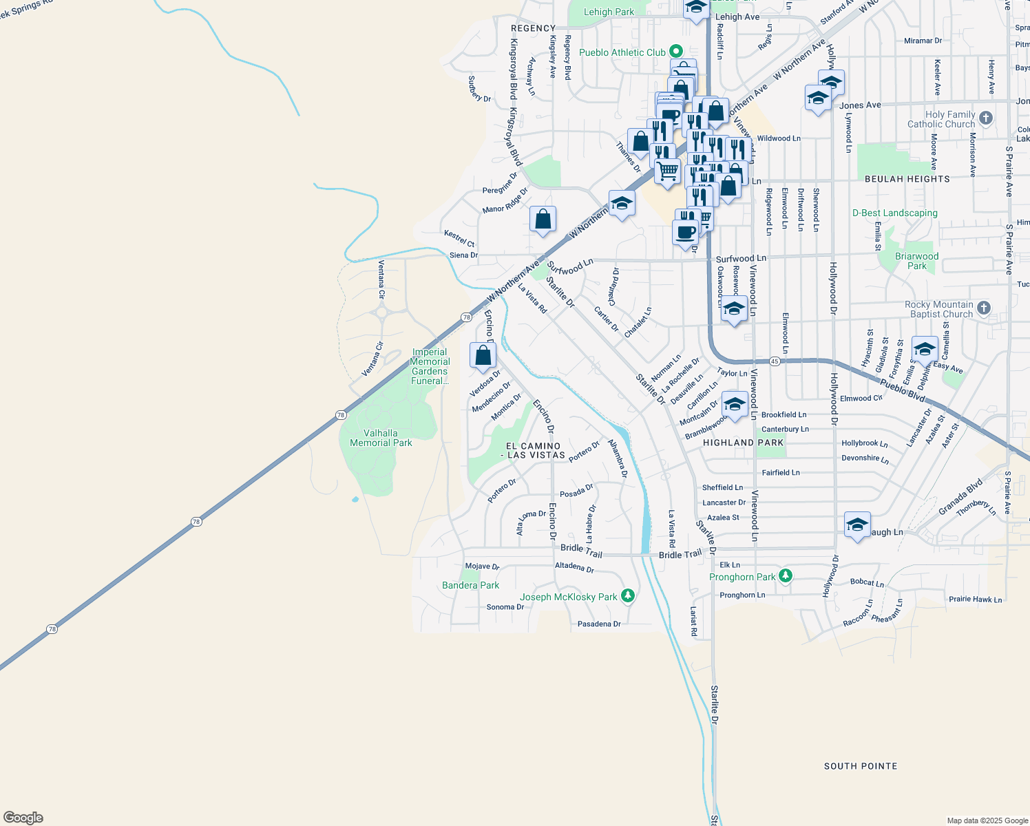 map of restaurants, bars, coffee shops, grocery stores, and more near 3 Cadena Pl in Pueblo
