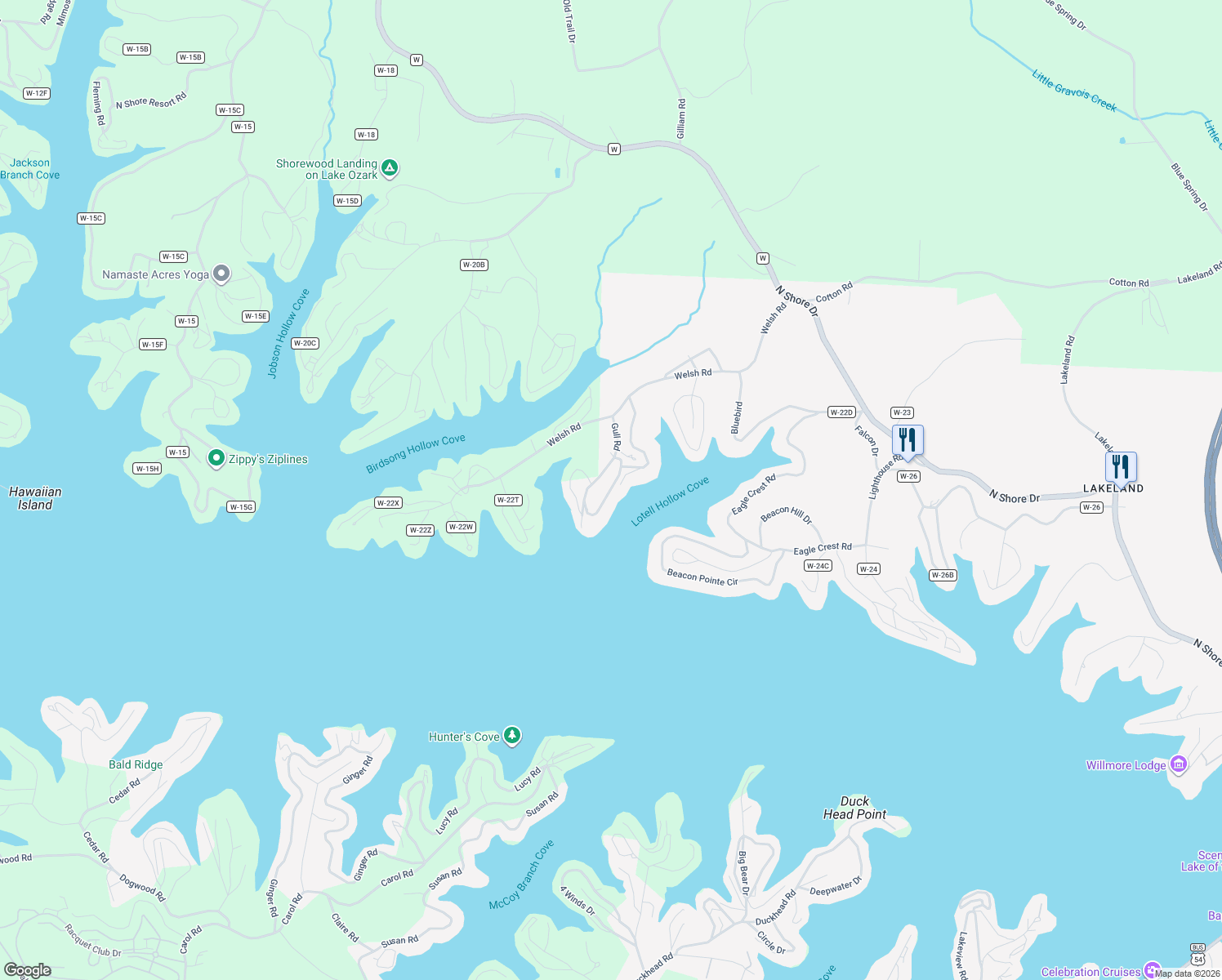 map of restaurants, bars, coffee shops, grocery stores, and more near County Road W-22K in Lake Ozark
